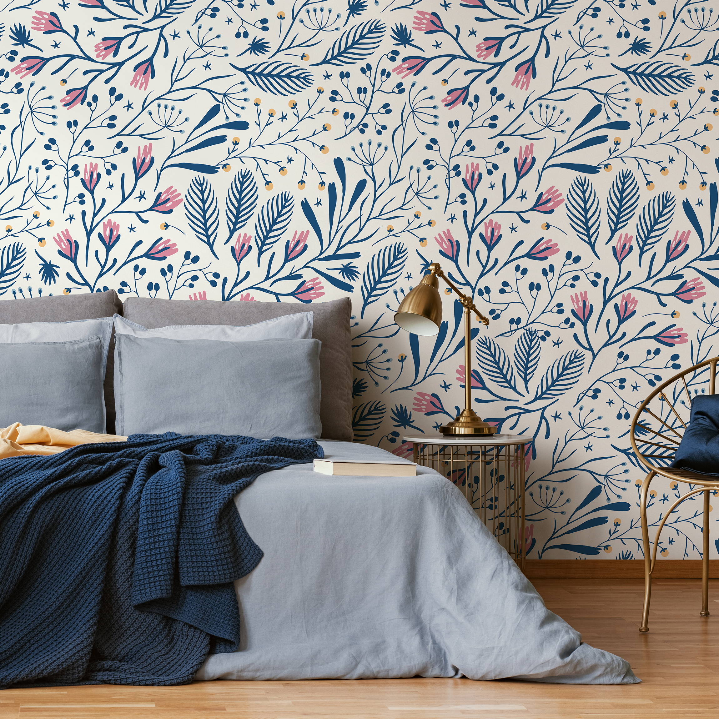 Scandinavian Wallpaper With A Folk Art Floral Motif In Blue, Pink, And Yellow - D279