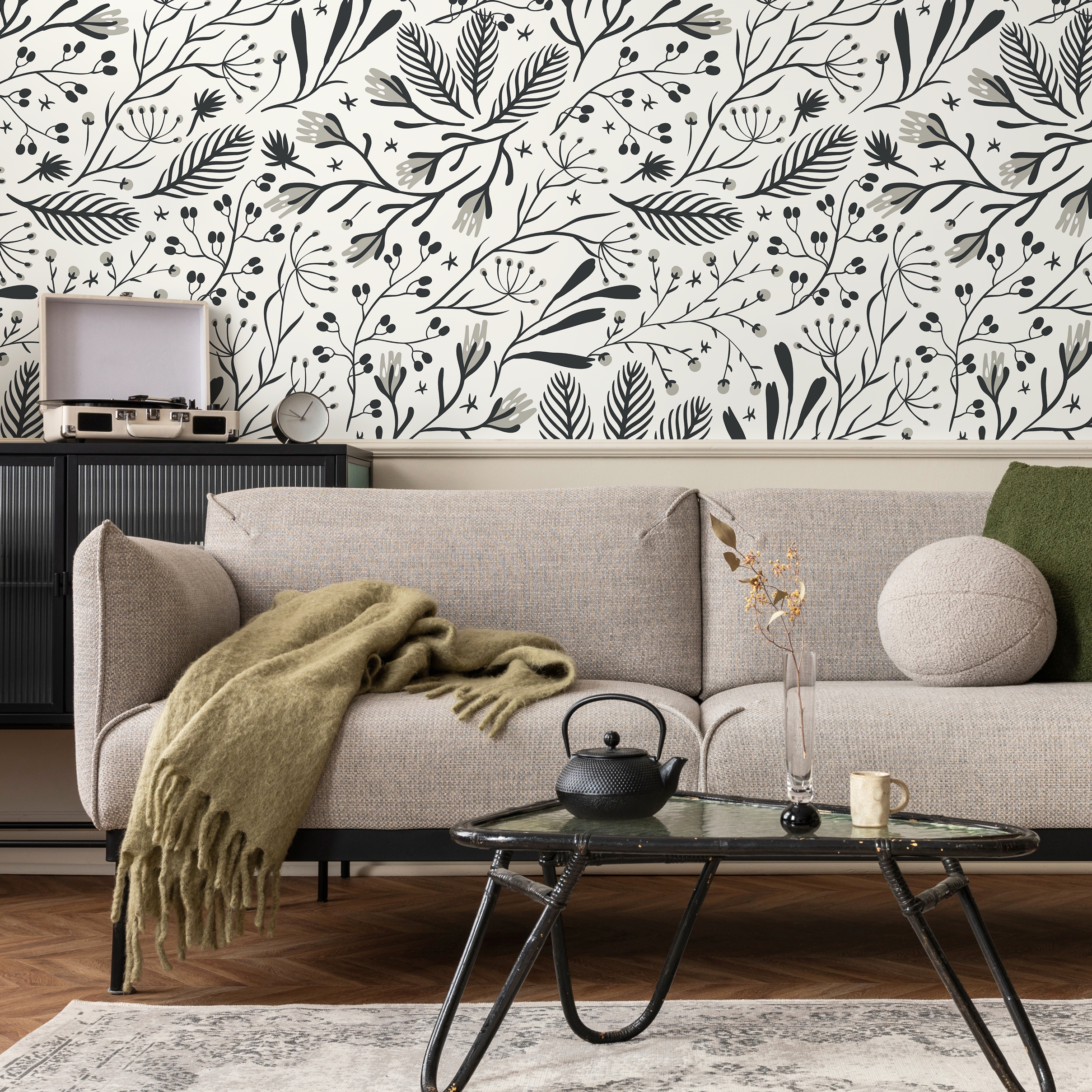 Botanical Wallpaper With Stylized Leaves And Berries In Black And Gray - D281