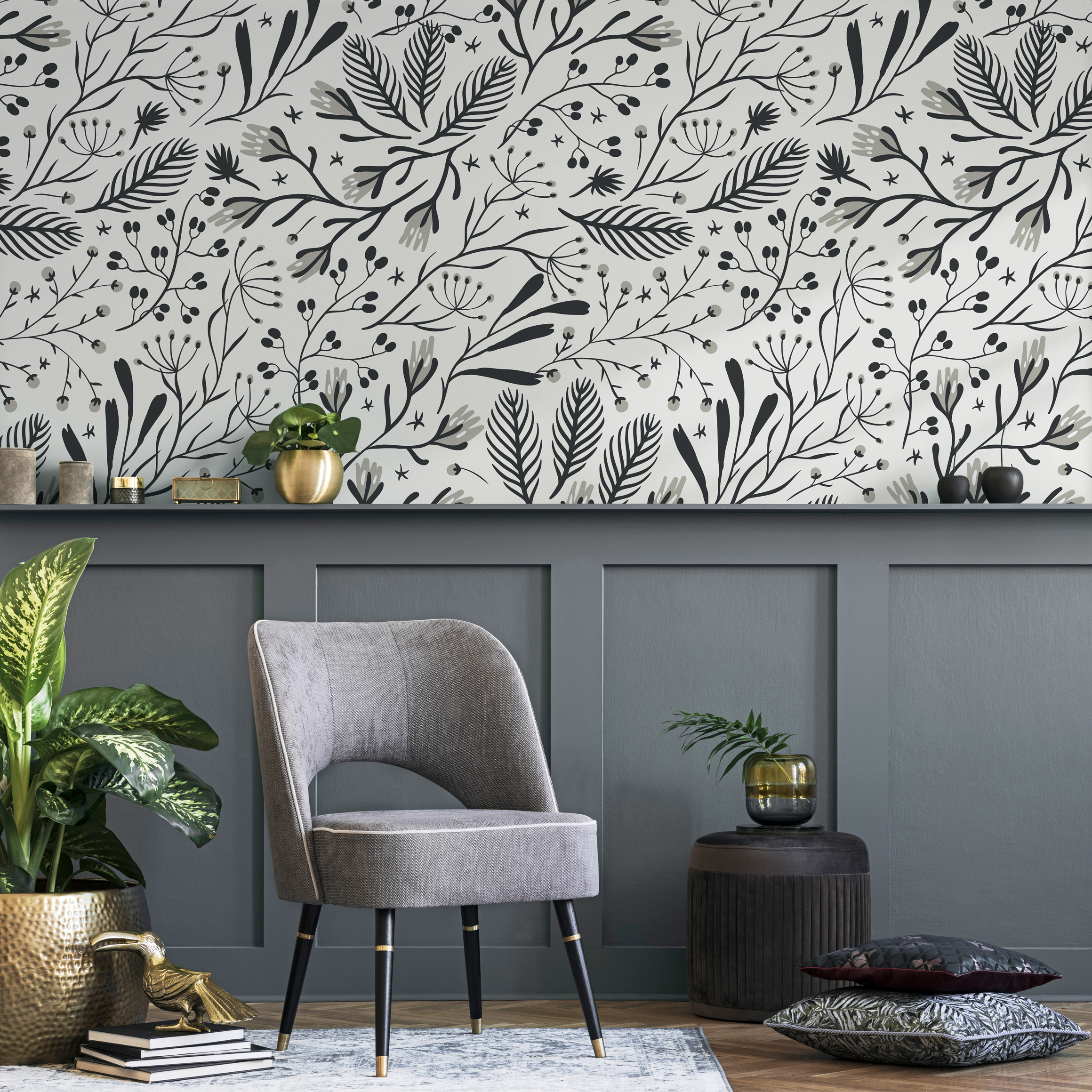 Botanical Wallpaper With Stylized Leaves And Berries In Black And Gray - D281
