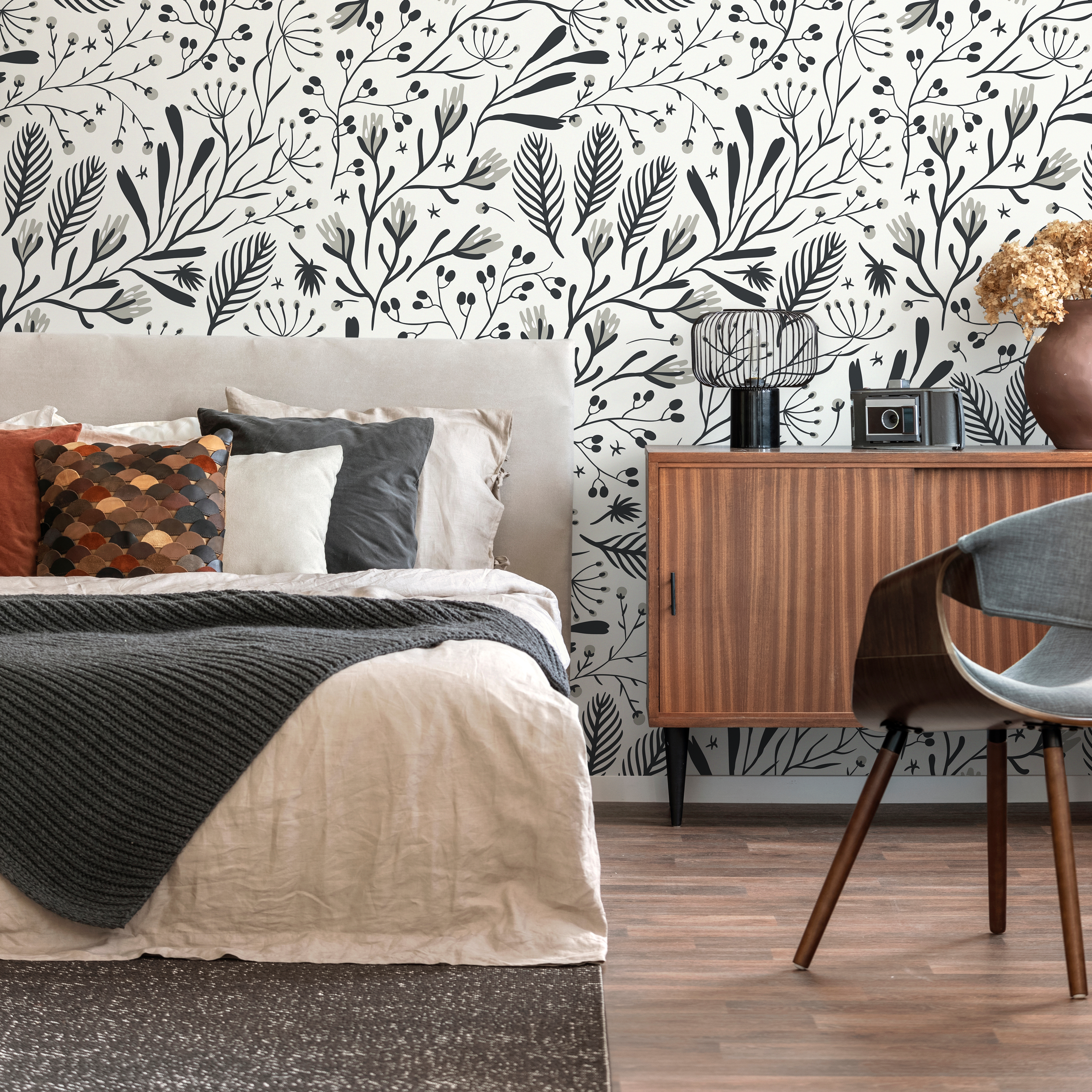 Botanical Wallpaper With Stylized Leaves And Berries In Black And Gray - D281