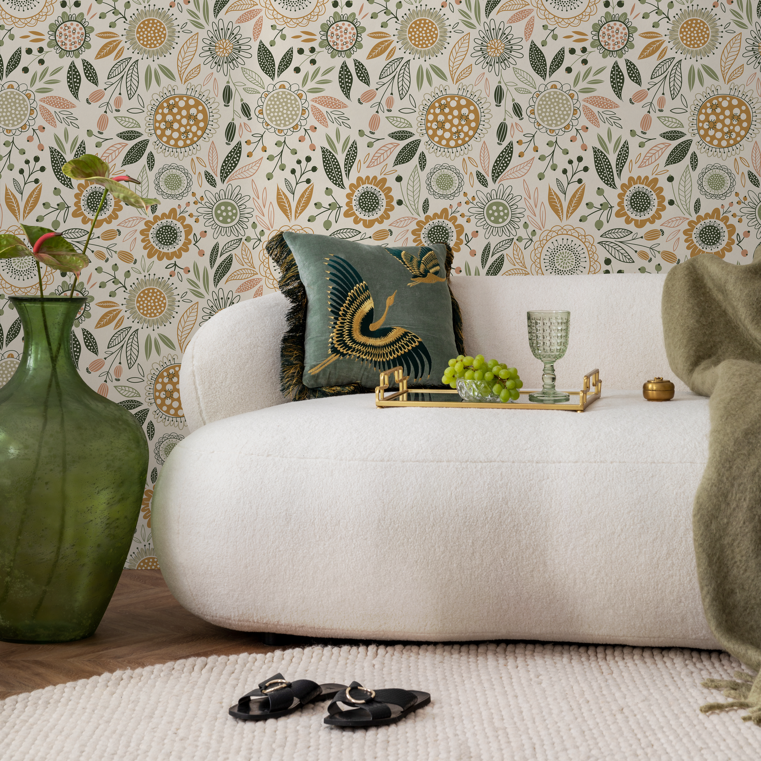 Boho Floral Wallpaper With Stylized Garden Blooms In Green, Ochre, And Pink - D284