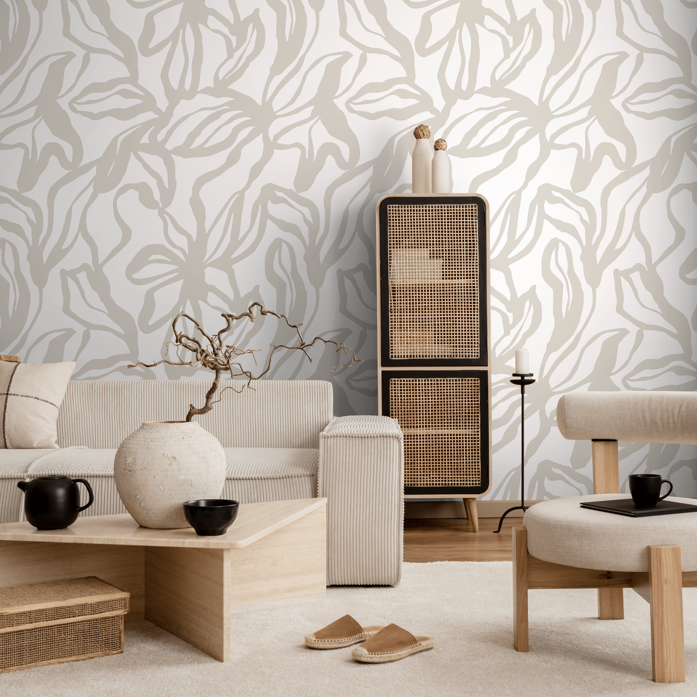 Floral Wallpaper With Large-scale Line Art In Neutral Beige - D286