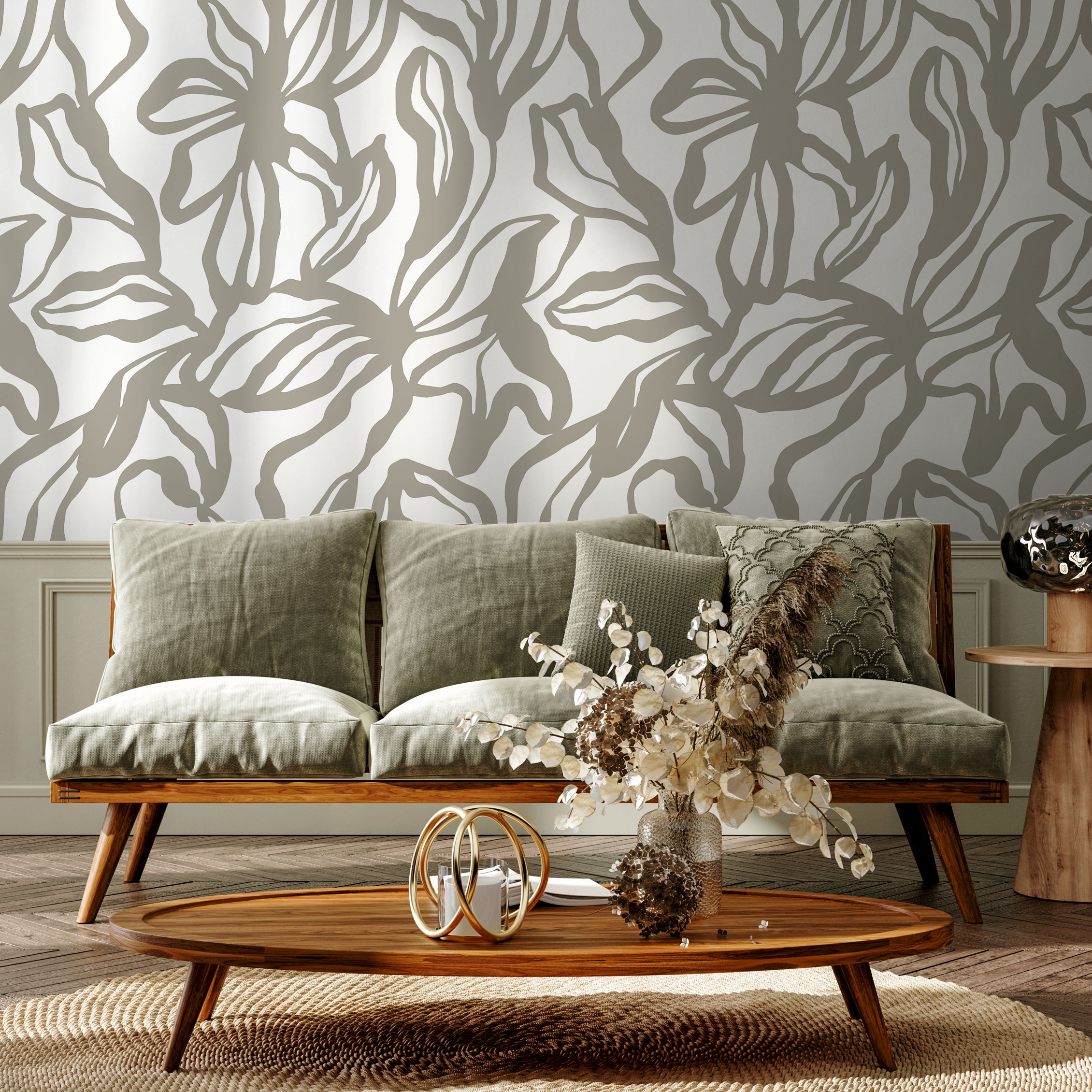 Abstract Floral Wallpaper With A Bold Line Art Motif In Gray - D287