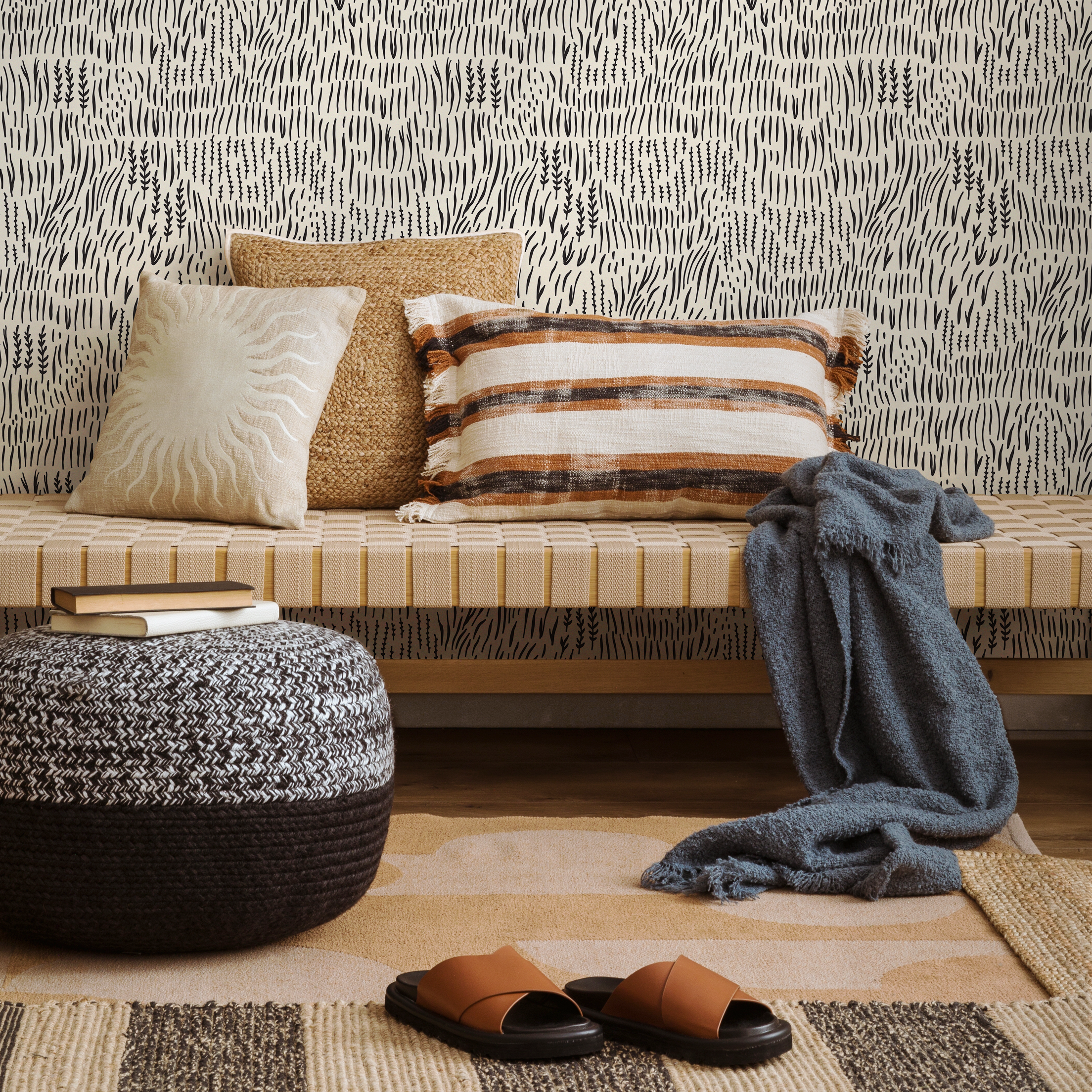 Abstract Wallpaper With A Hand-drawn Botanical Motif In Black - D289
