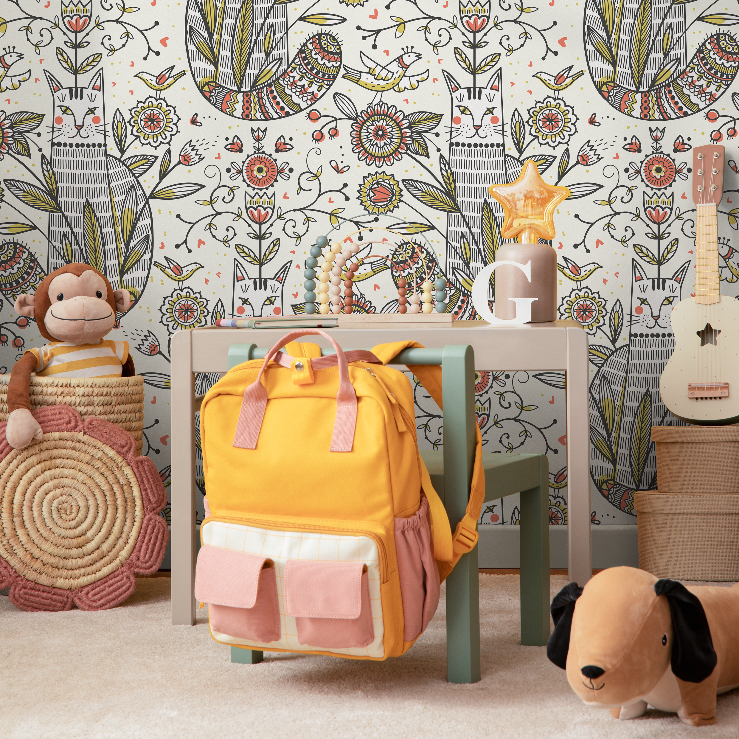 Folk Art Wallpaper With Illustrated Cats And Birds In Red, Green, And Black - D293