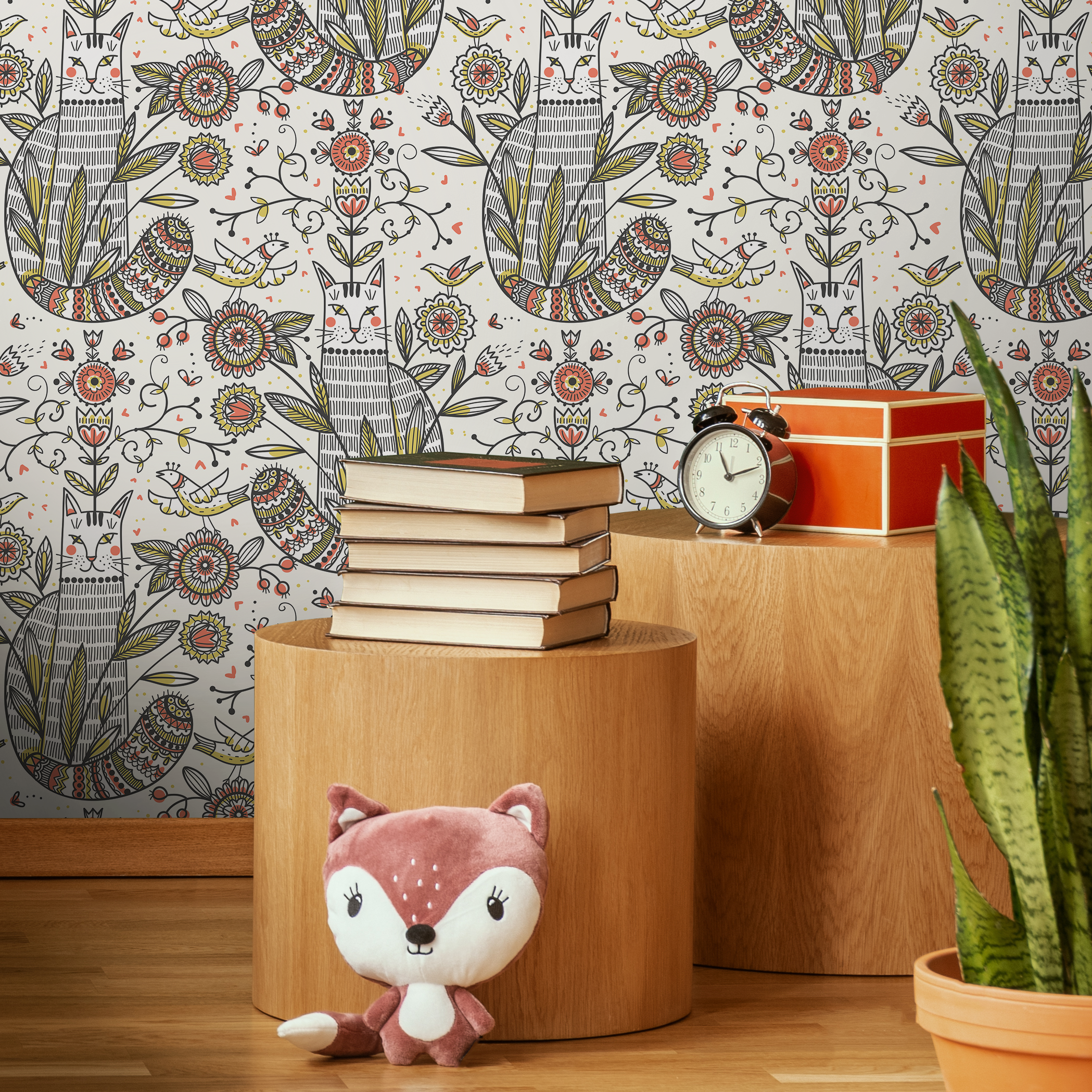 Folk Art Wallpaper With Illustrated Cats And Birds In Red, Green, And Black - D293