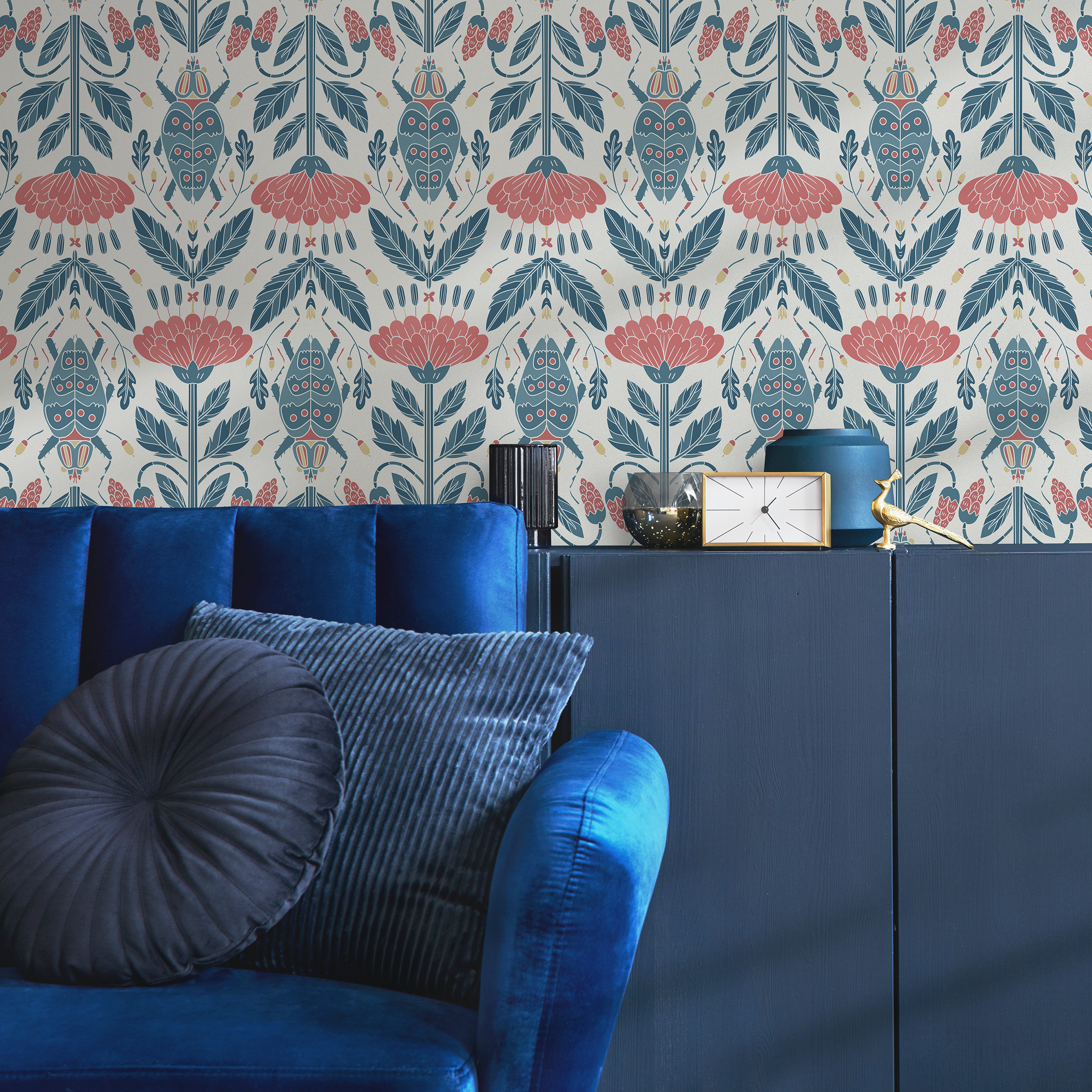 Botanical Wallpaper Featuring Stylized Beetles And Flowers In Pink And Blue - D297