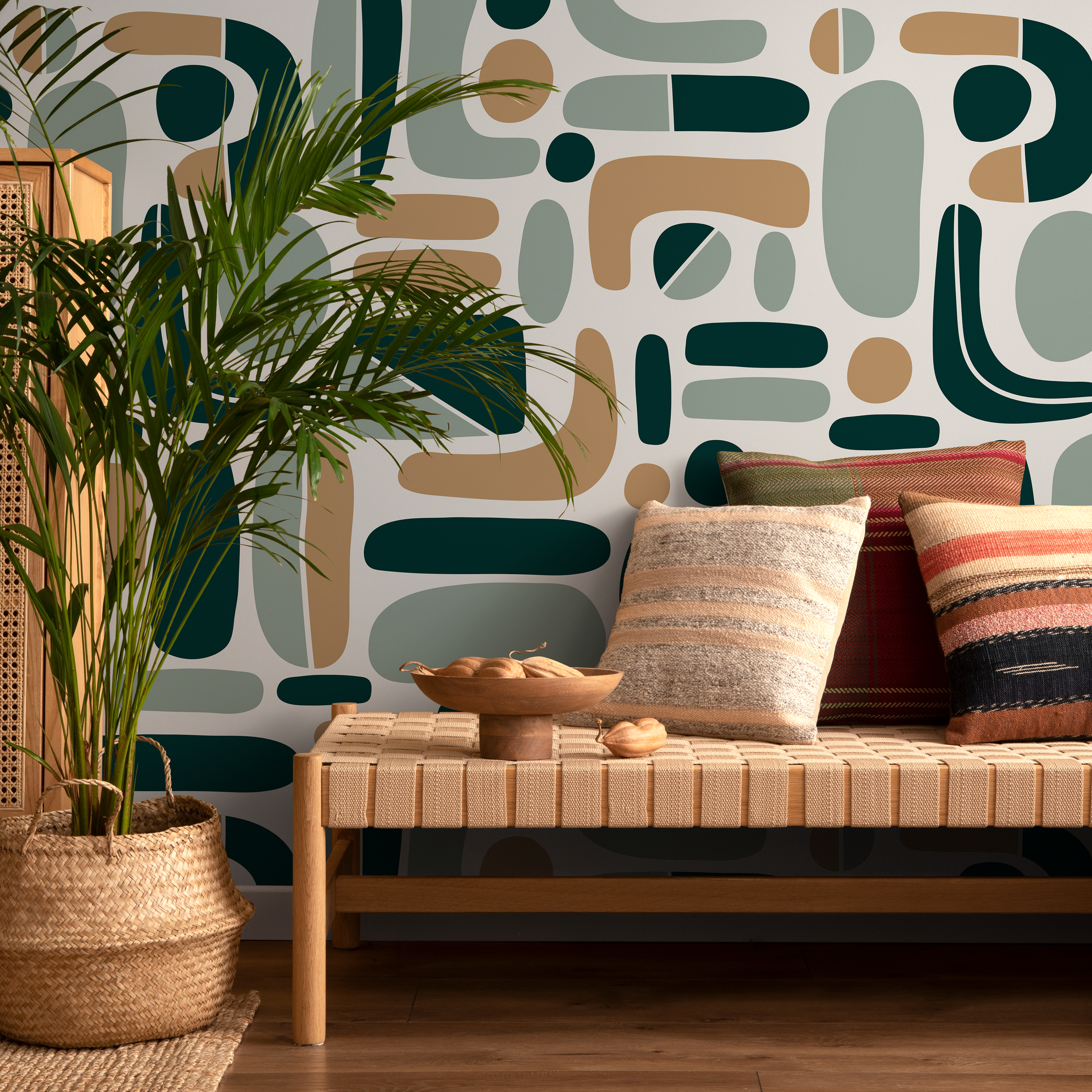 Abstract Wallpaper With Mid-century Modern Shapes In Dark Green, Sage, And Tan - D303