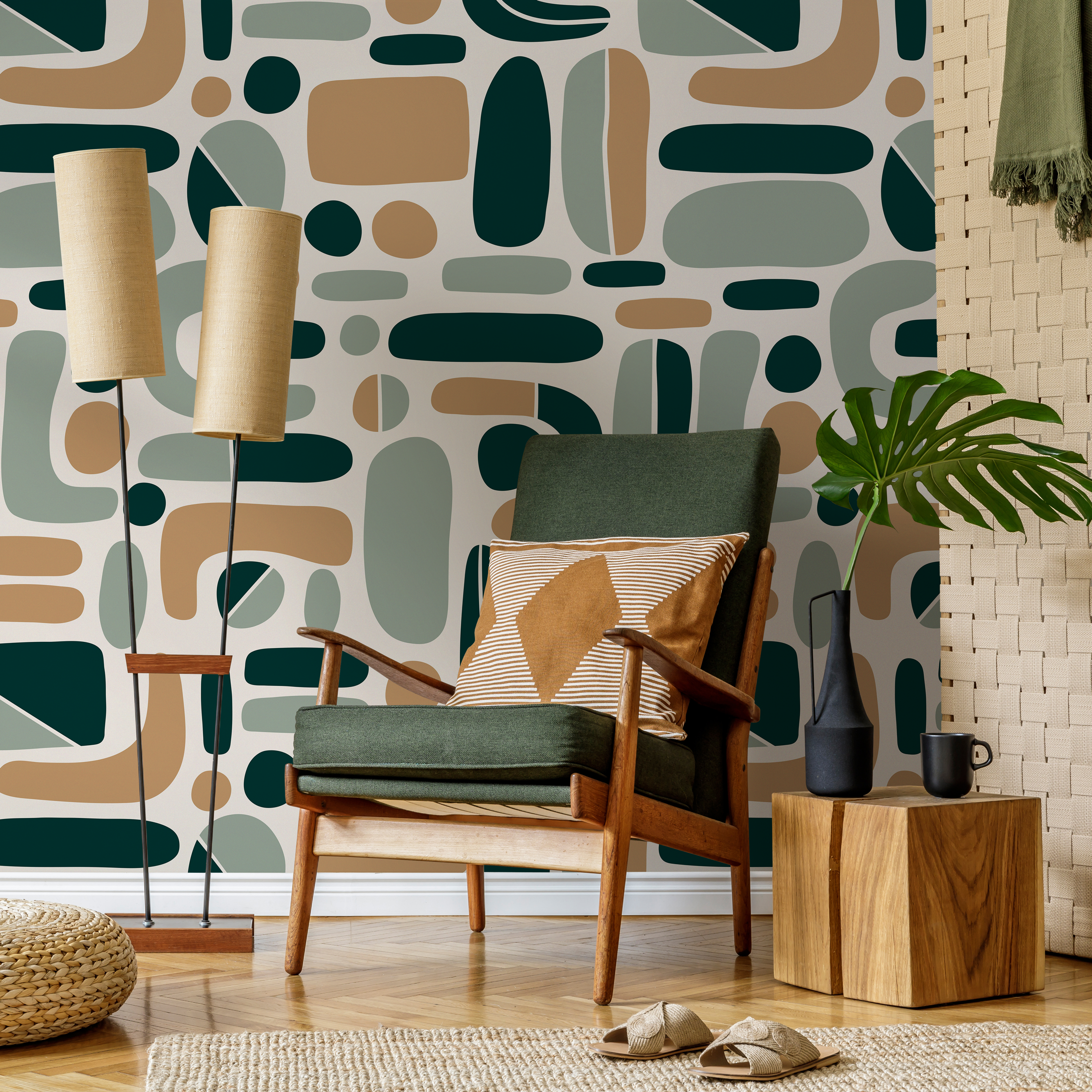 Abstract Wallpaper With Mid-century Modern Shapes In Dark Green, Sage, And Tan - D303