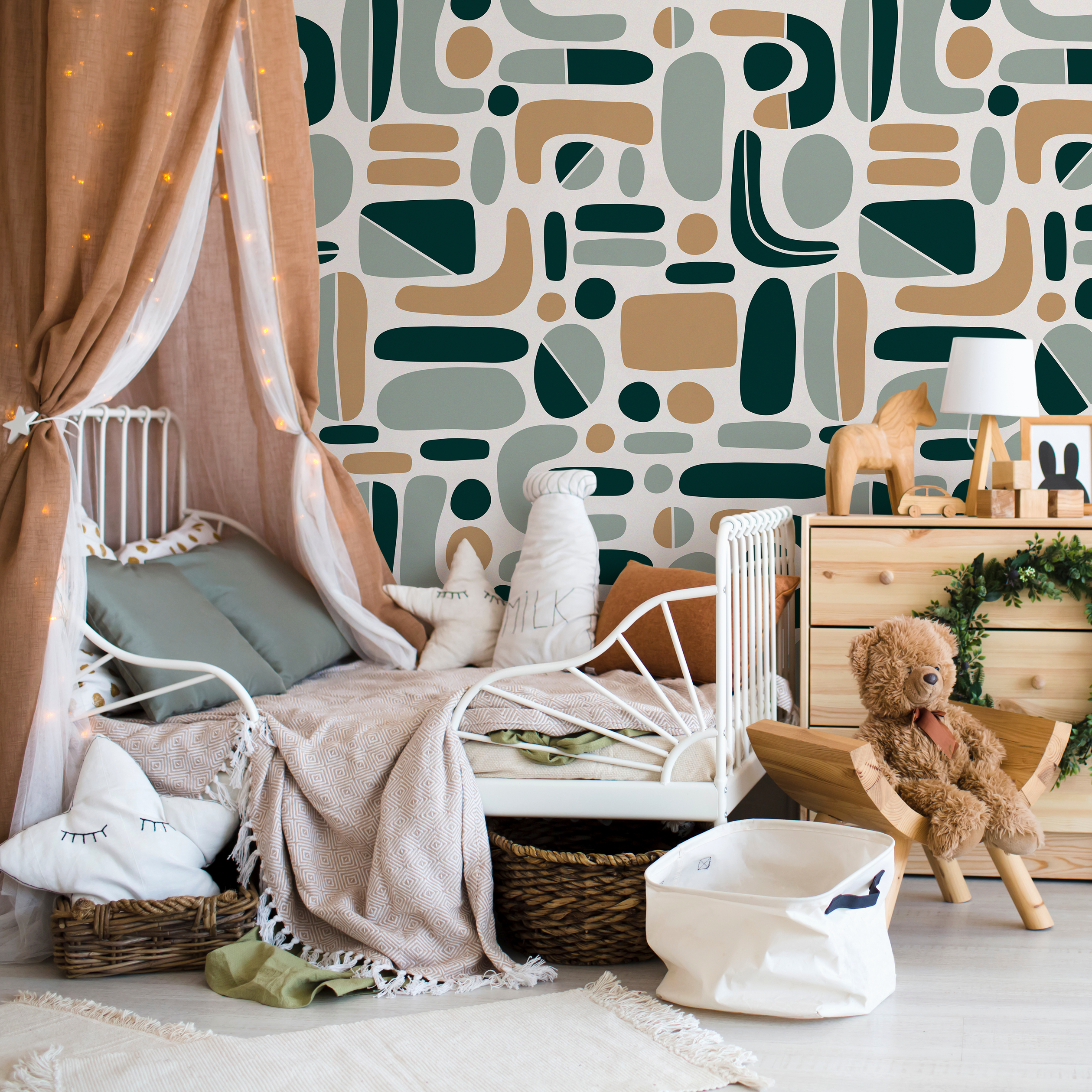 Abstract Wallpaper With Mid-century Modern Shapes In Dark Green, Sage, And Tan - D303