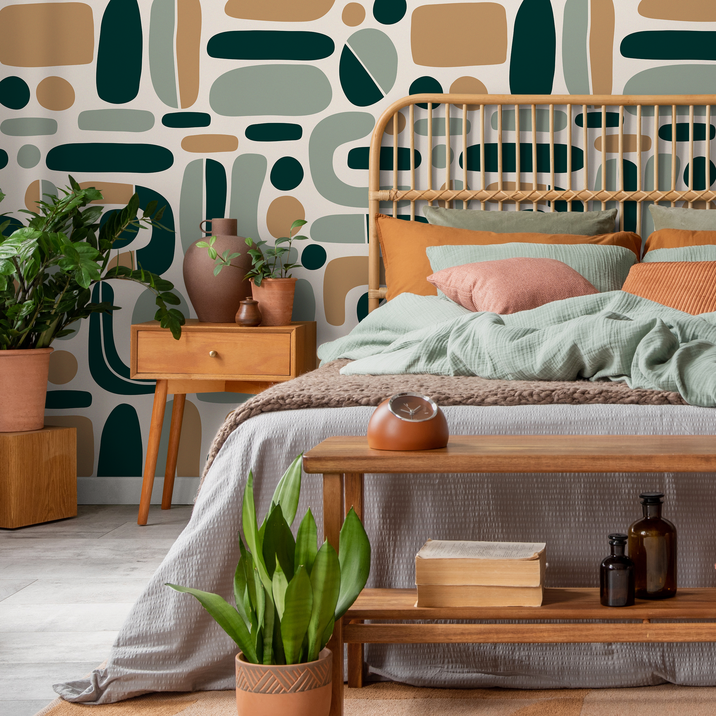 Abstract Wallpaper With Mid-century Modern Shapes In Dark Green, Sage, And Tan - D303