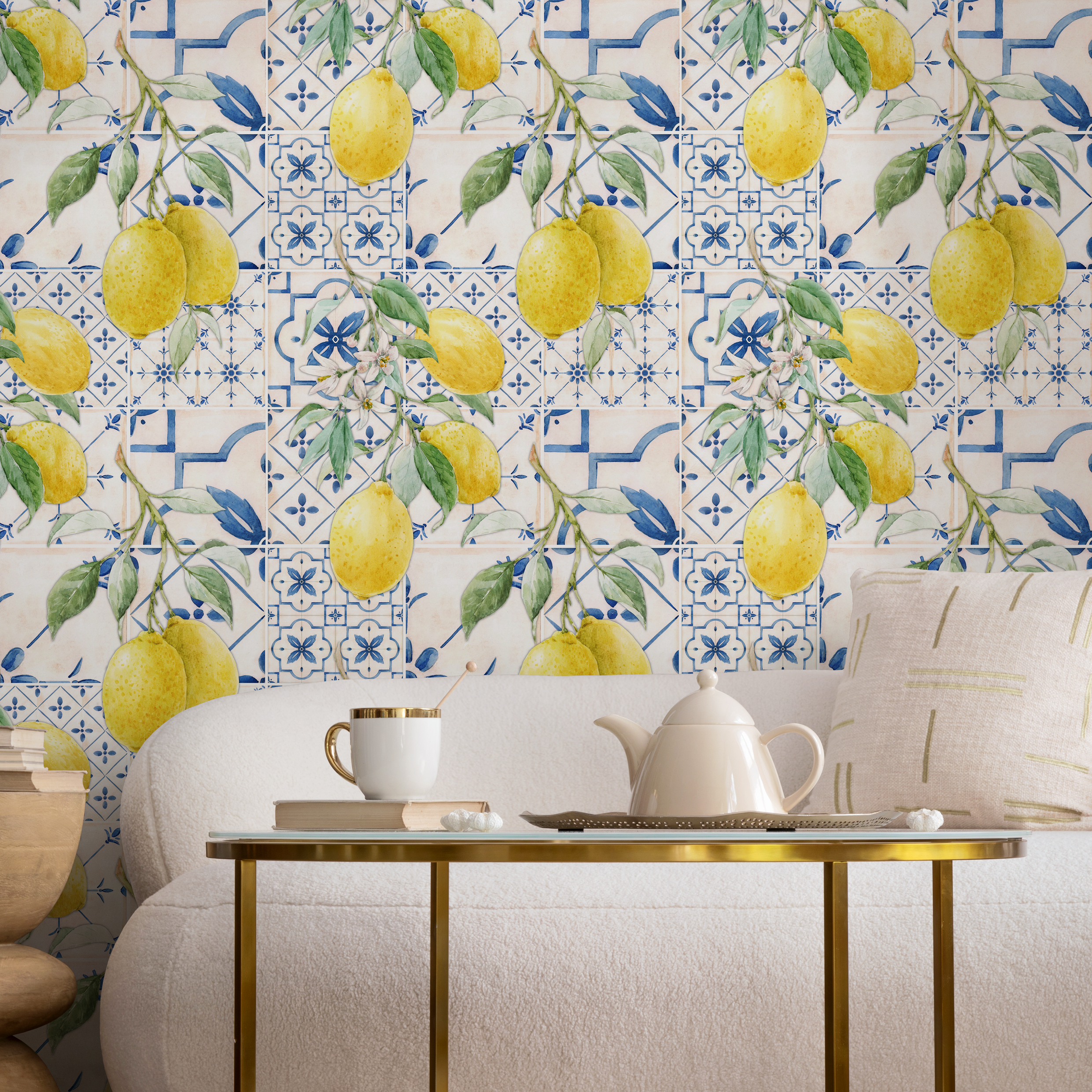 Tile Wallpaper With A Lemon Branch Motif In Blue, Yellow, And Green - D309