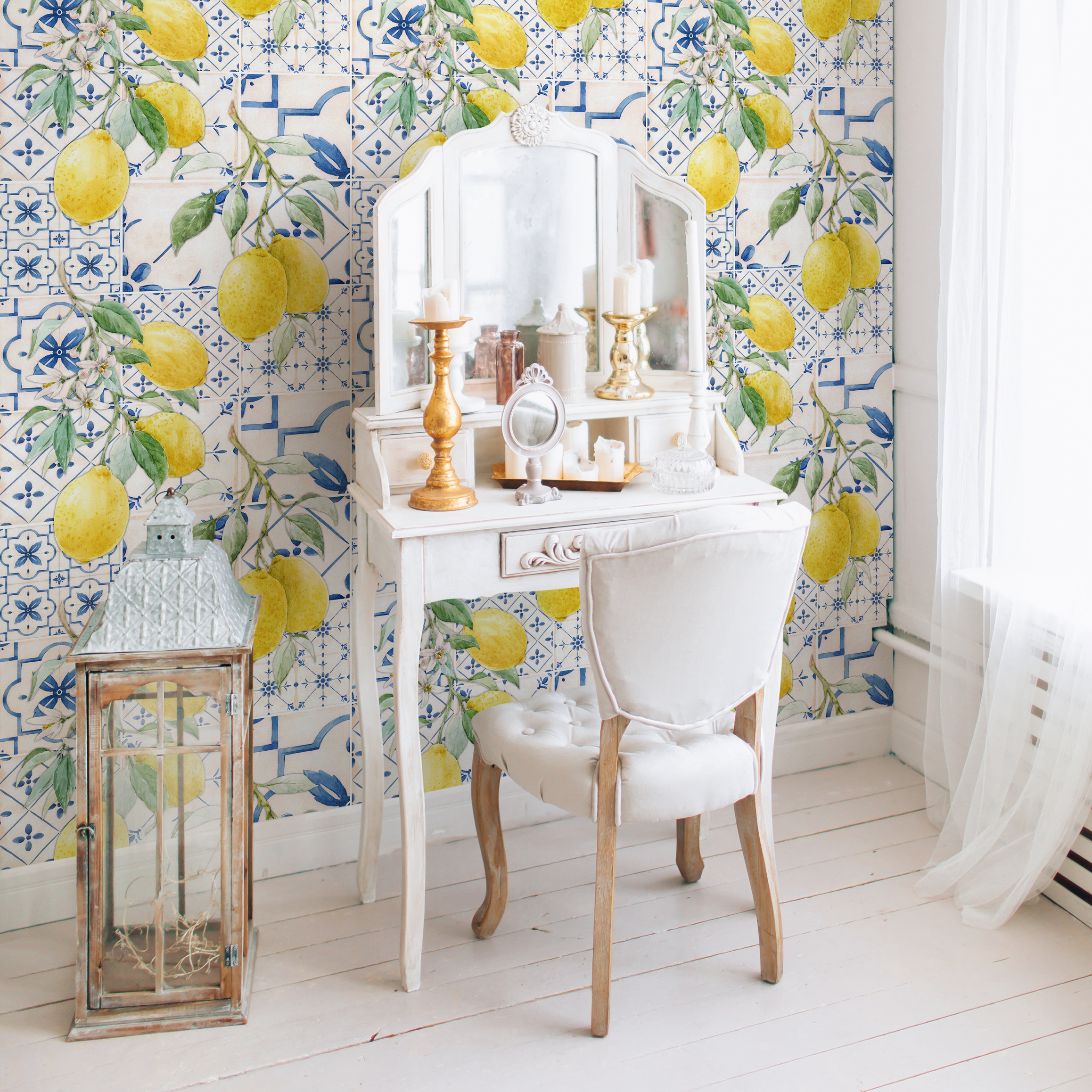 Tile Wallpaper With A Lemon Branch Motif In Blue, Yellow, And Green - D309