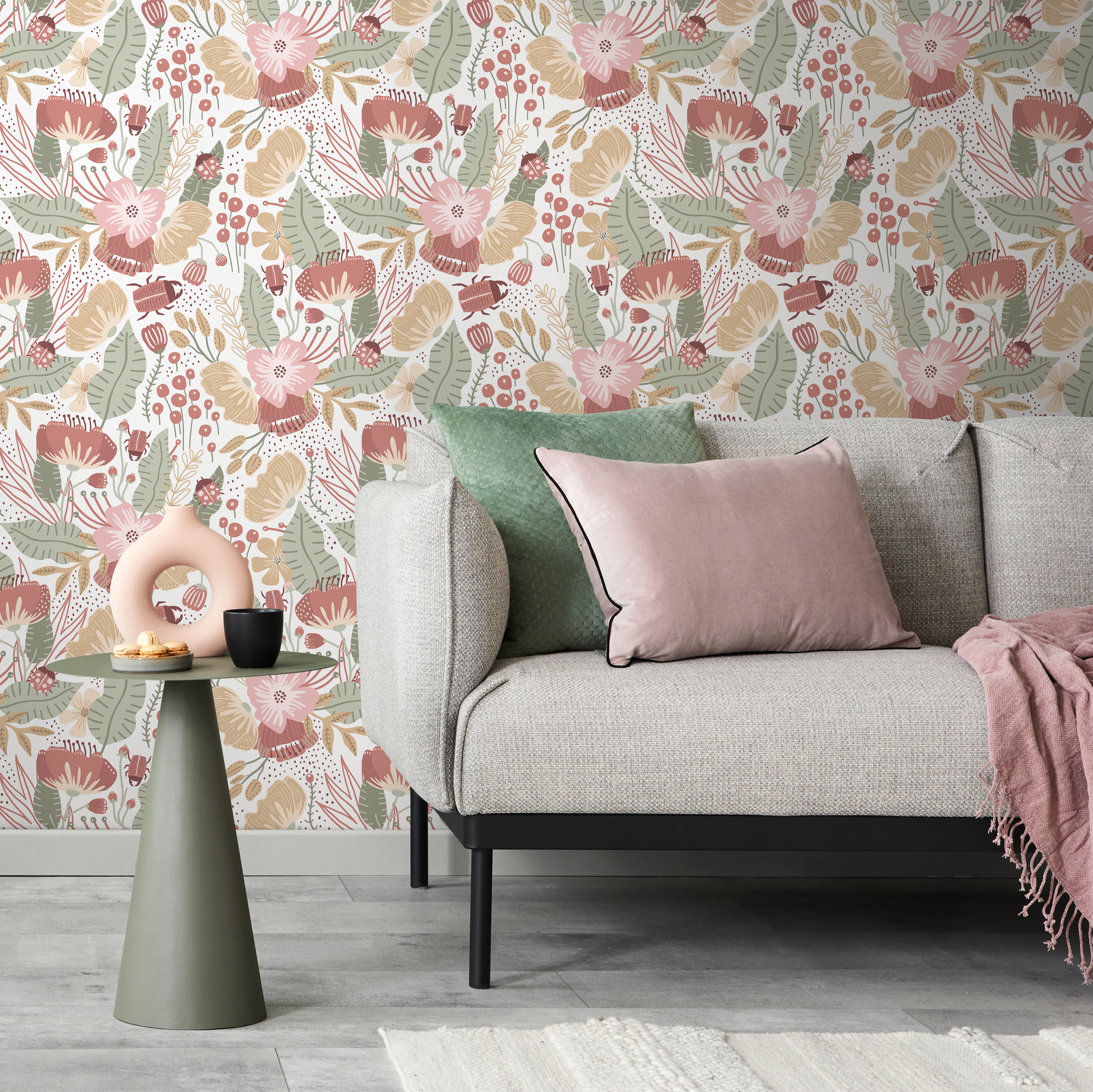 Boho Wallpaper With Stylized Flowers And Beetles In Pink, Green, And Terracotta - D312