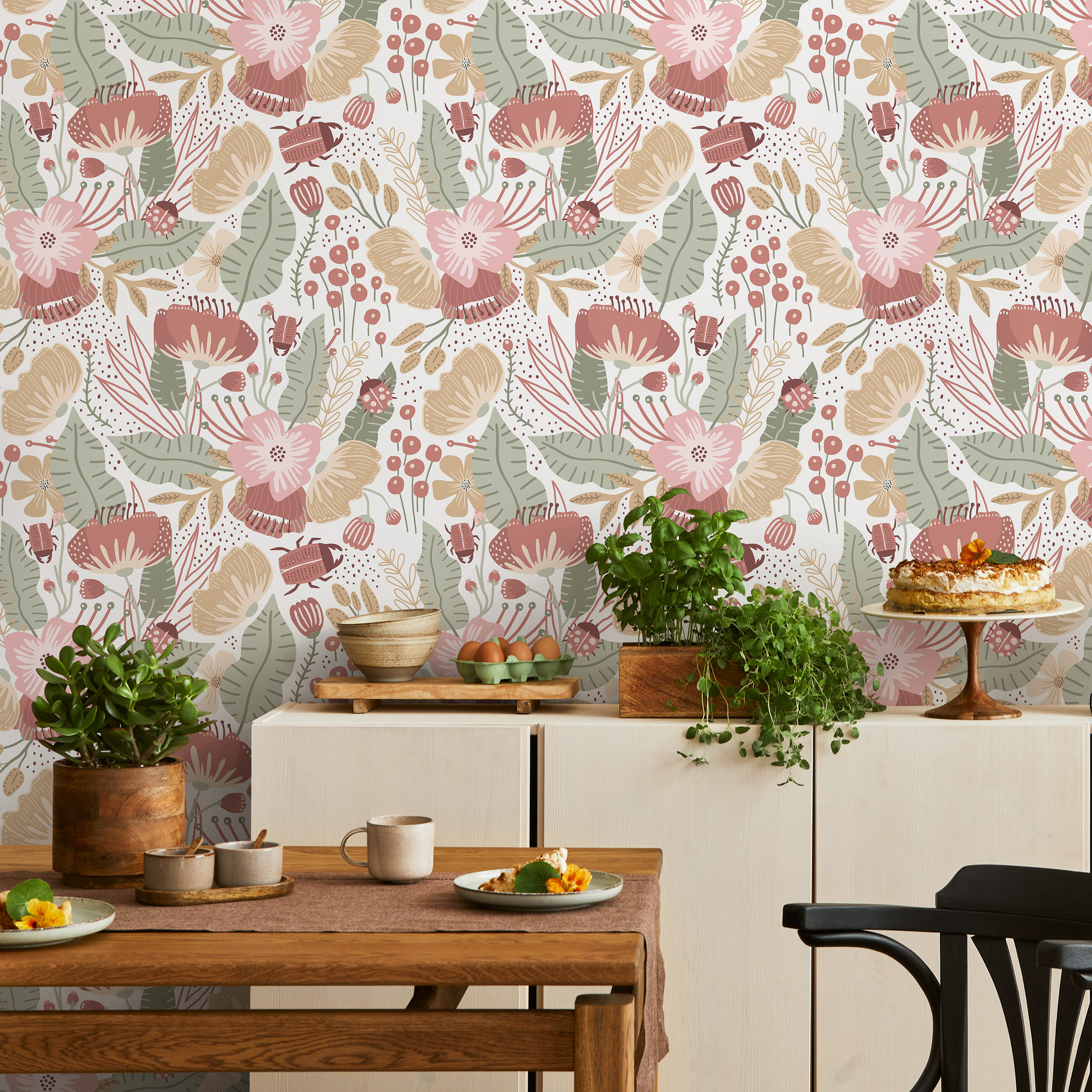 Boho Wallpaper With Stylized Flowers And Beetles In Pink, Green, And Terracotta - D312