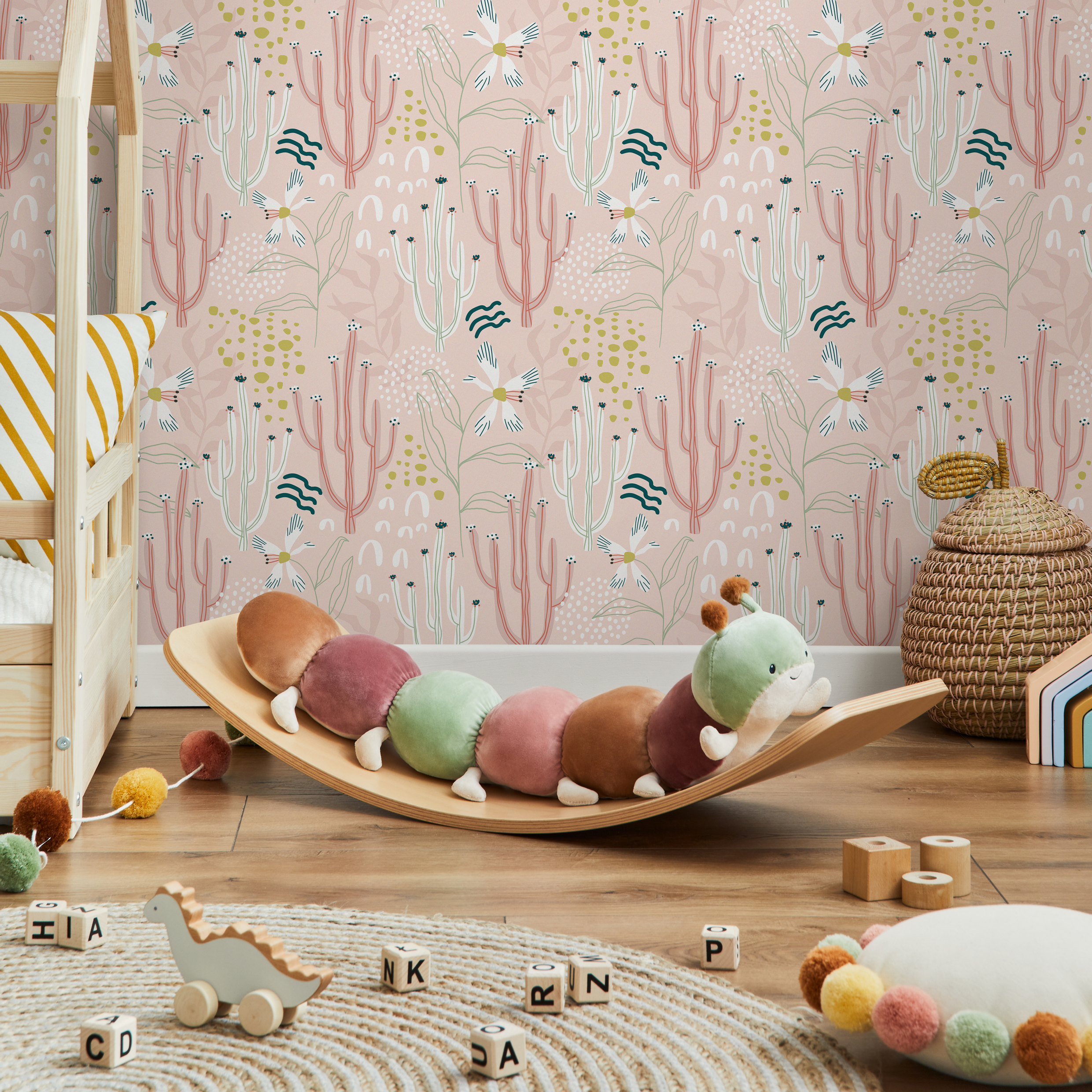 Cactus Wallpaper With Whimsical Desert Flowers In Pink, Green, And White - D313