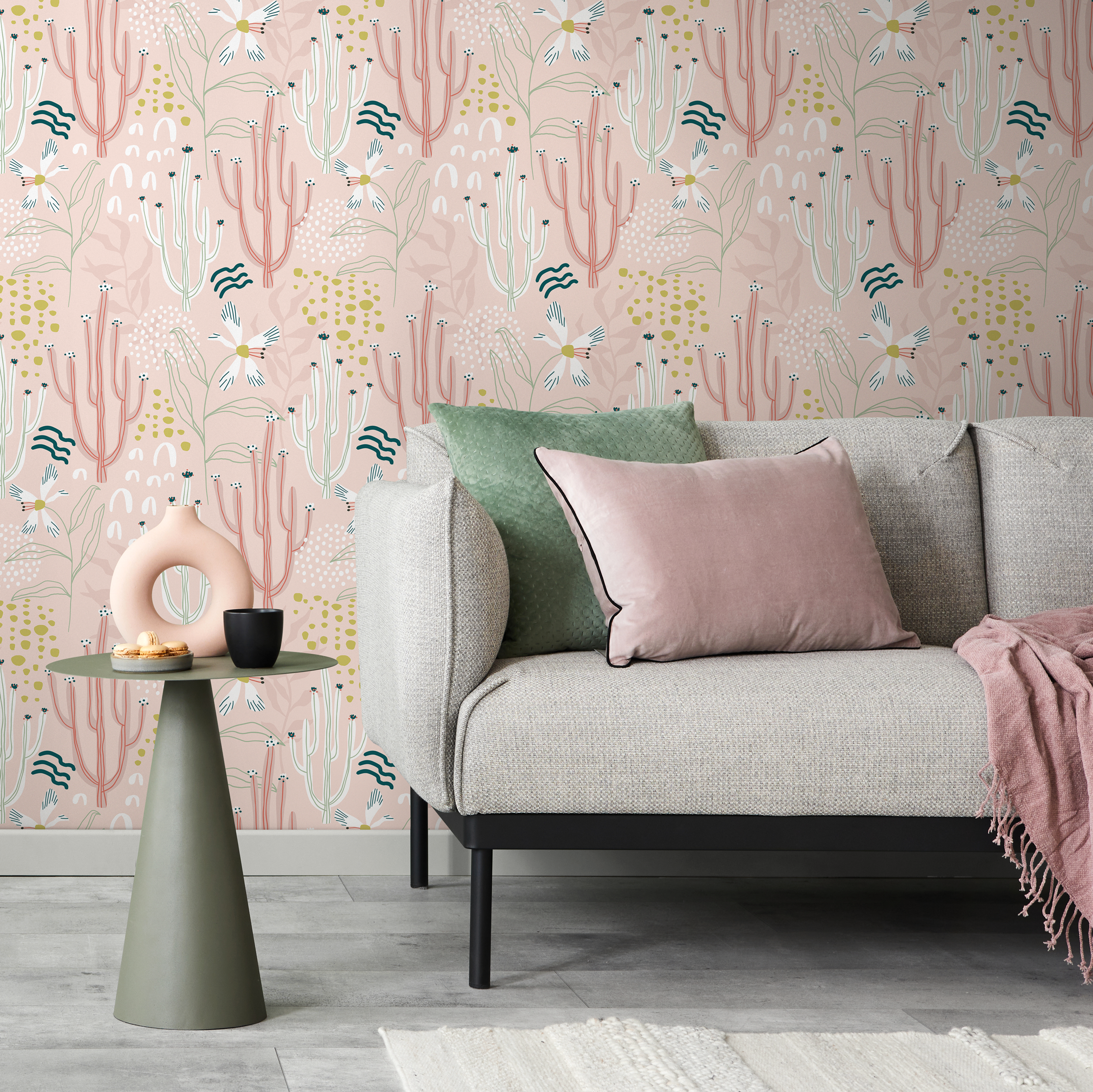 Cactus Wallpaper With Whimsical Desert Flowers In Pink, Green, And White - D313