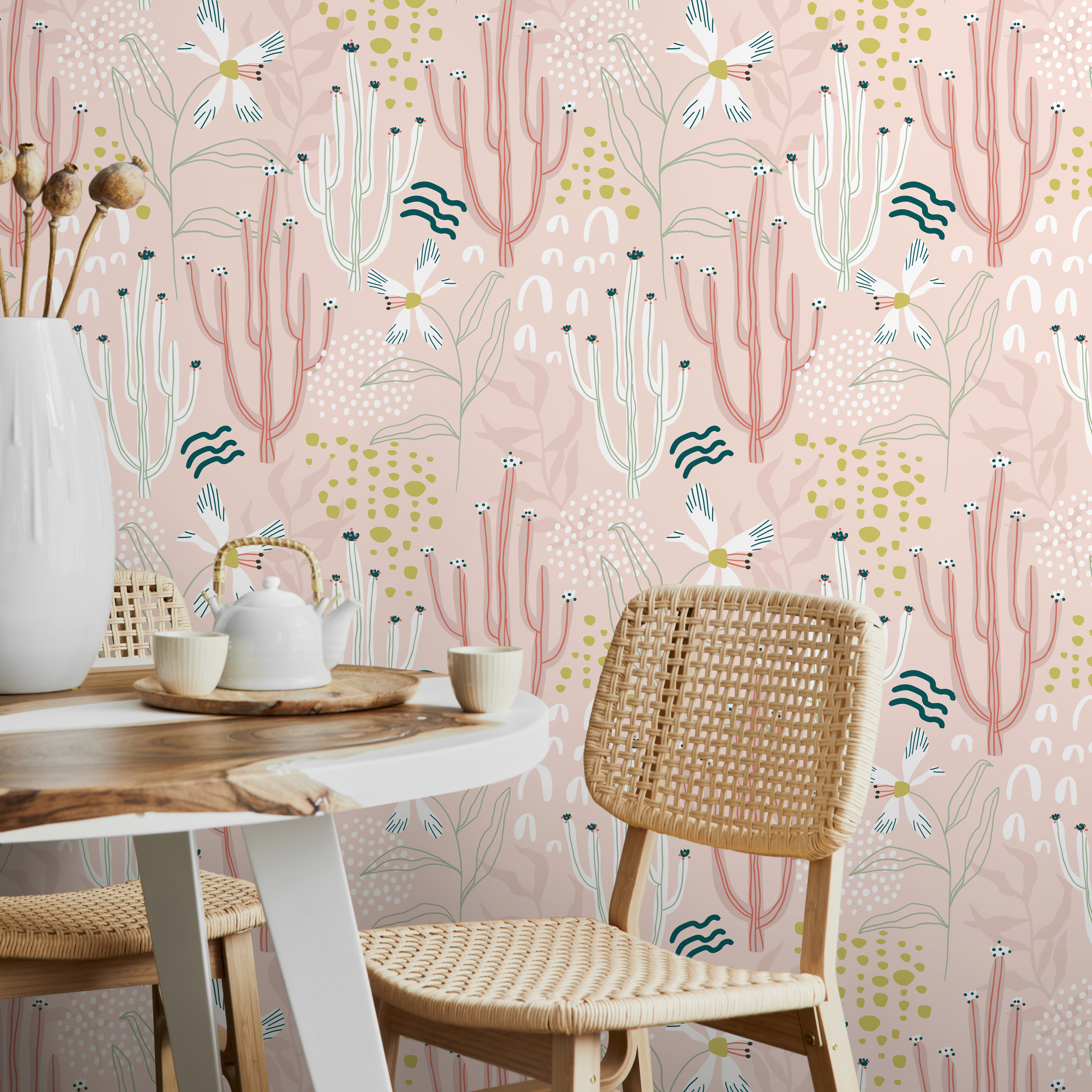 Cactus Wallpaper With Whimsical Desert Flowers In Pink, Green, And White - D313