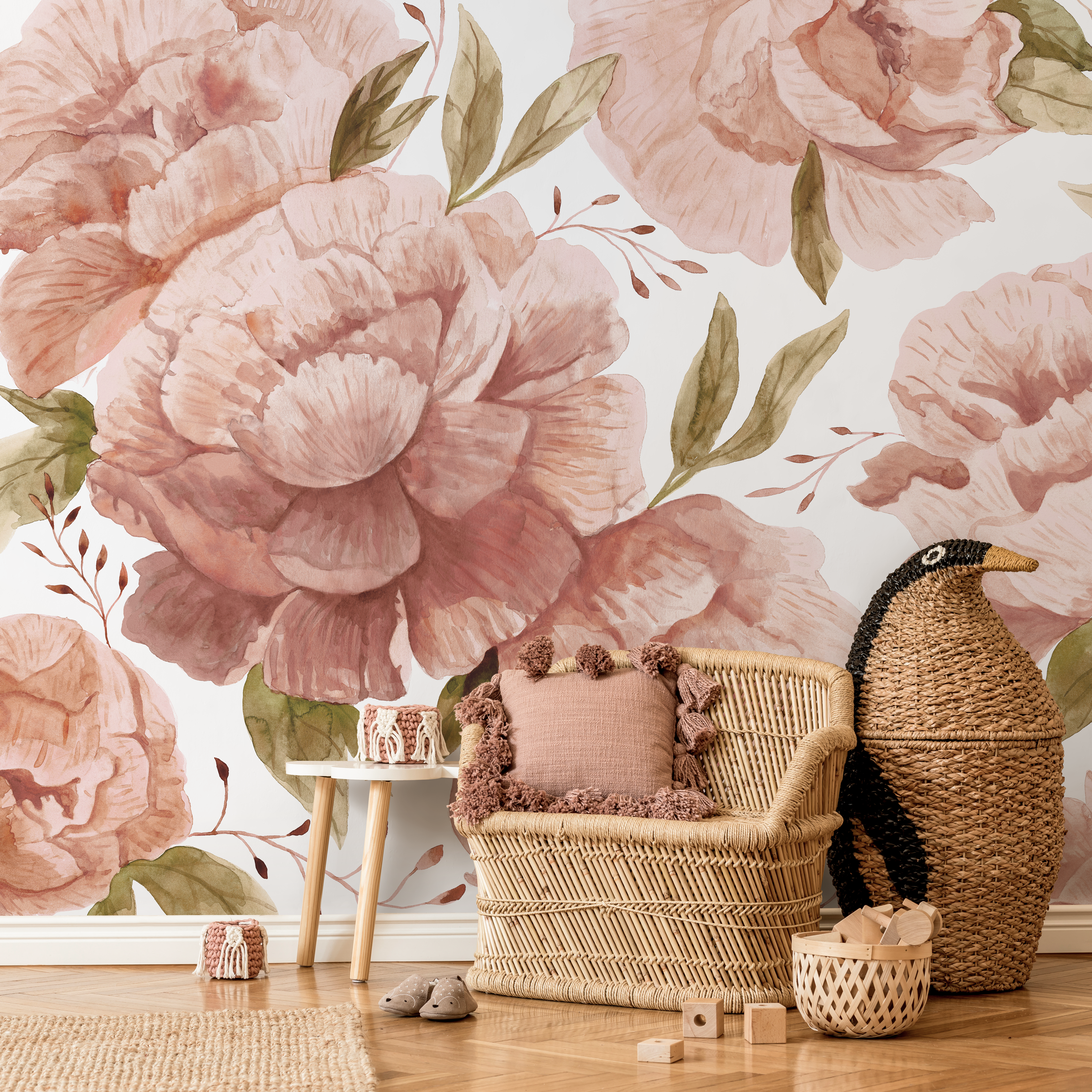 Floral Wallpaper With Large Watercolor Roses In Pink And Green - D322