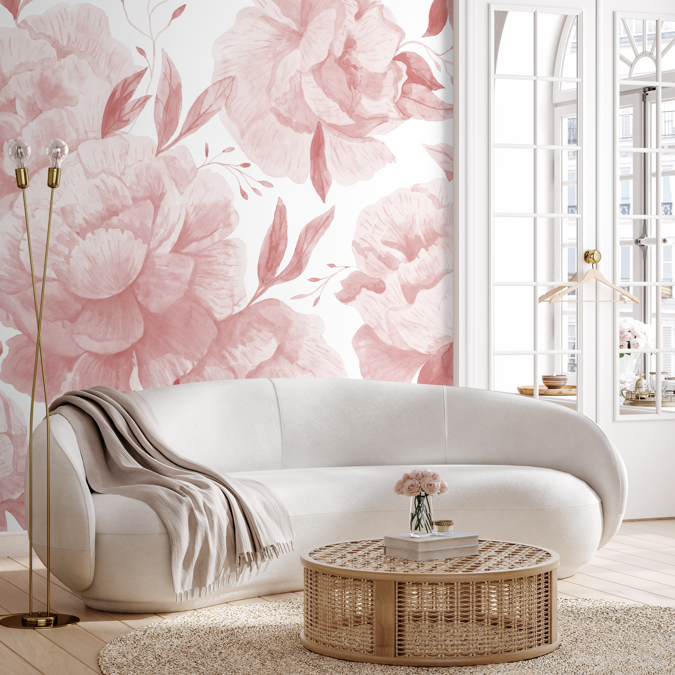 Floral Wallpaper With A Watercolor Rose Mural In Pink - D323