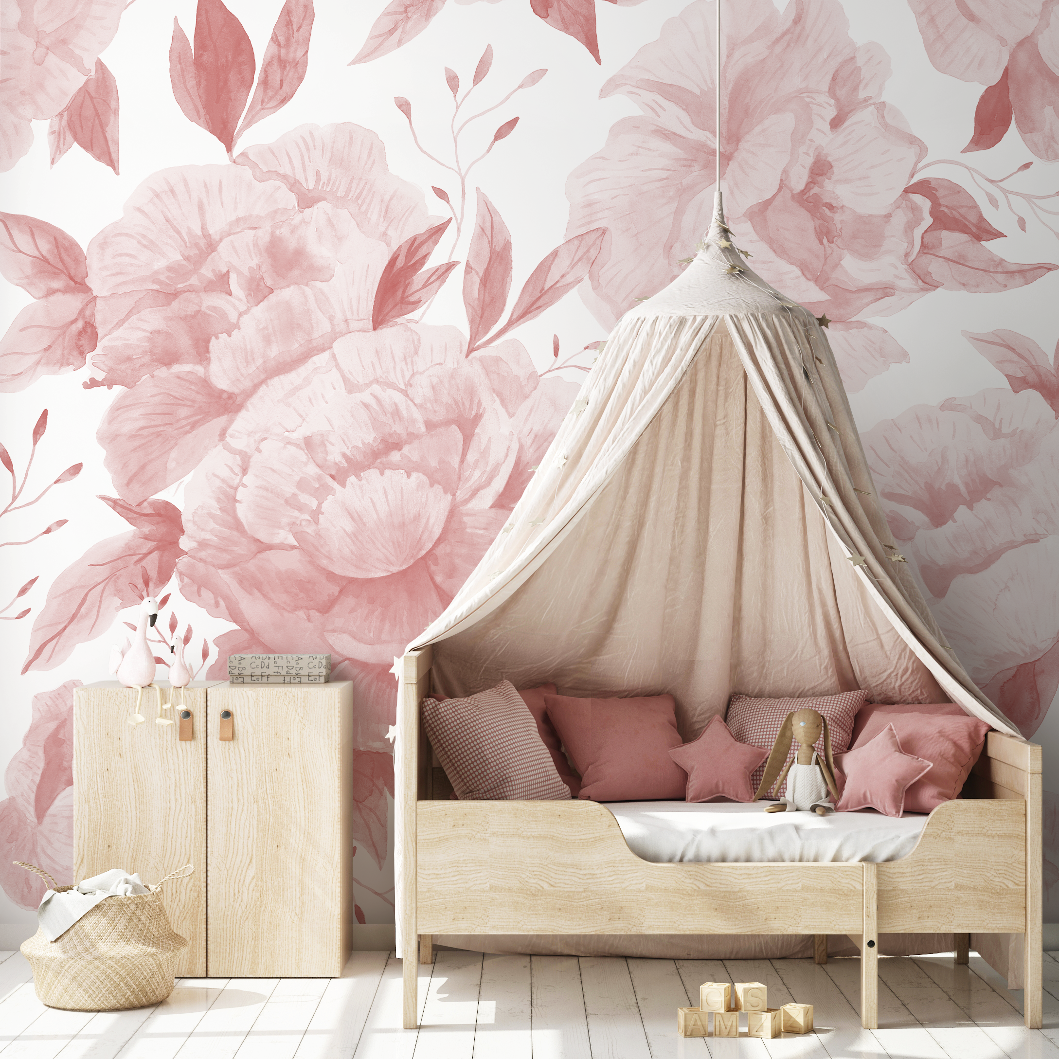 Floral Wallpaper With A Watercolor Rose Mural In Pink - D323
