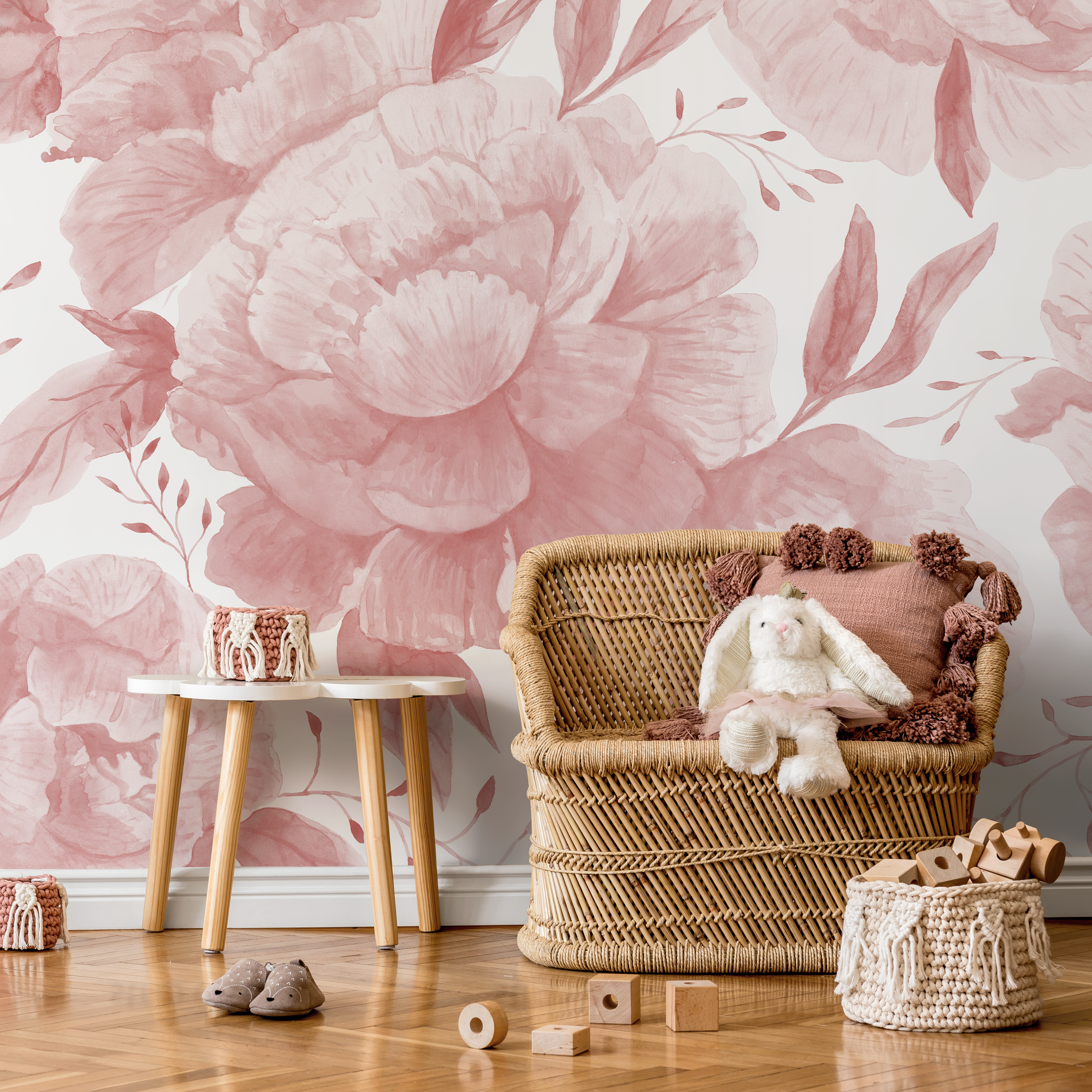 Floral Wallpaper With A Watercolor Rose Mural In Pink - D323