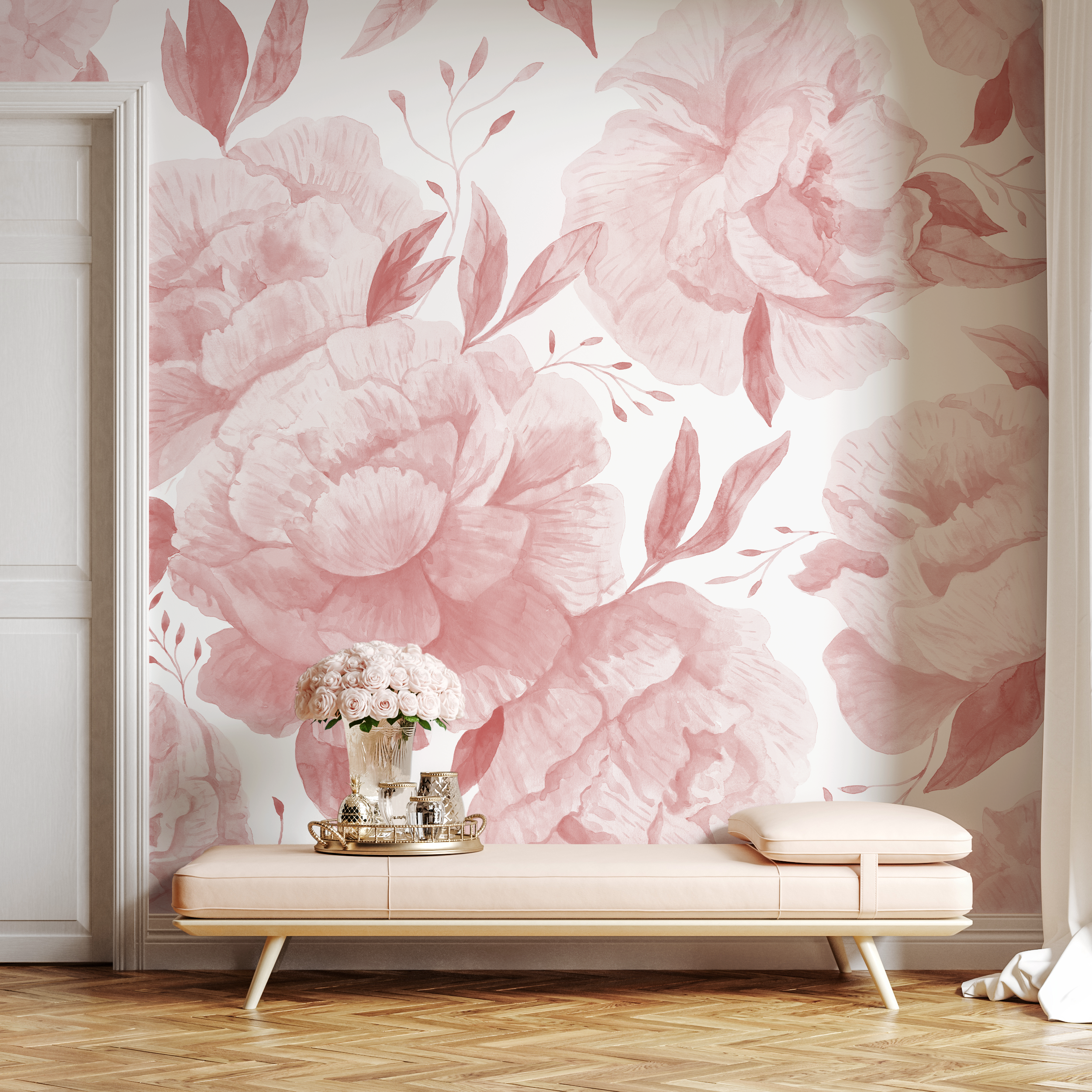 Floral Wallpaper With A Watercolor Rose Mural In Pink - D323