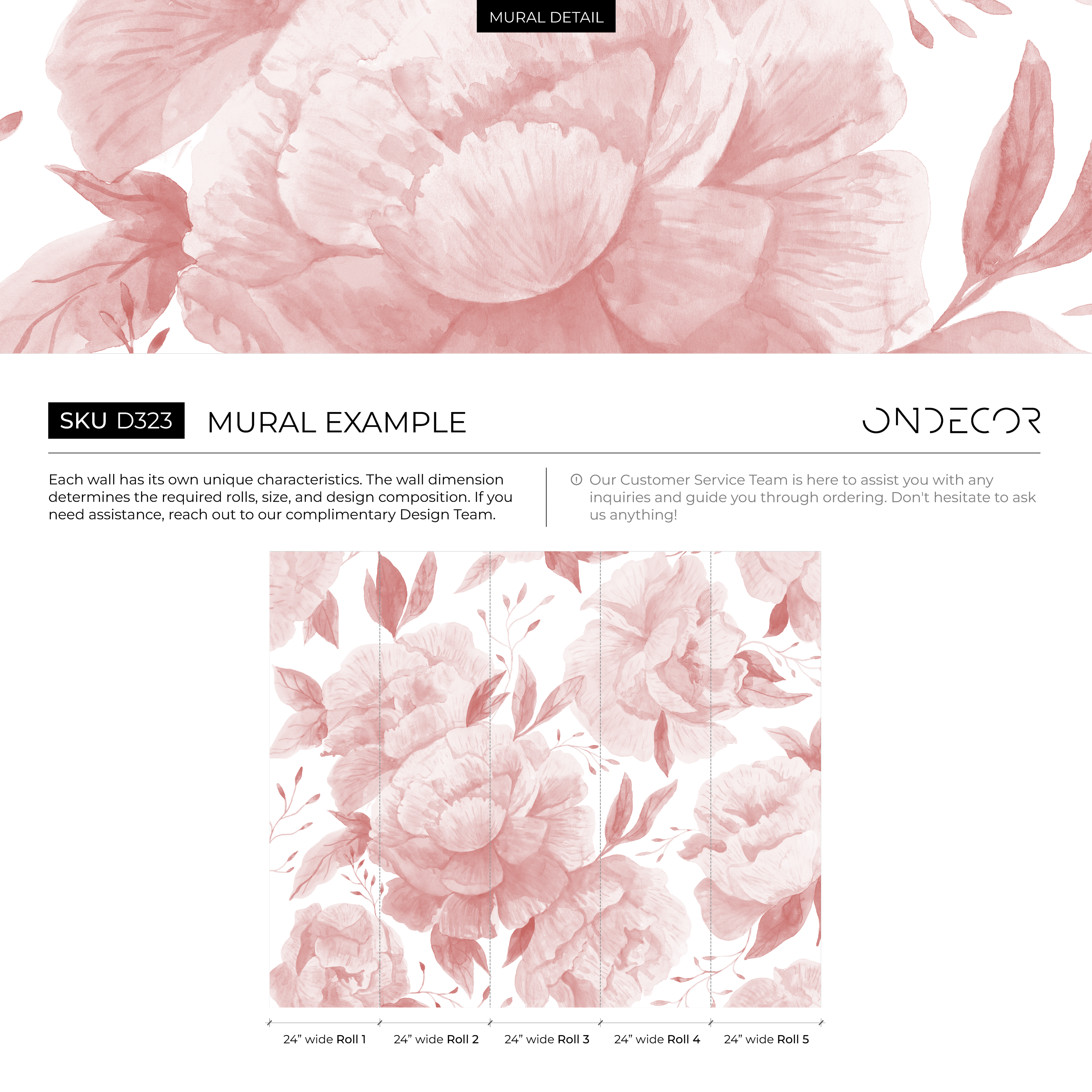 Floral Wallpaper With A Watercolor Rose Mural In Pink - D323