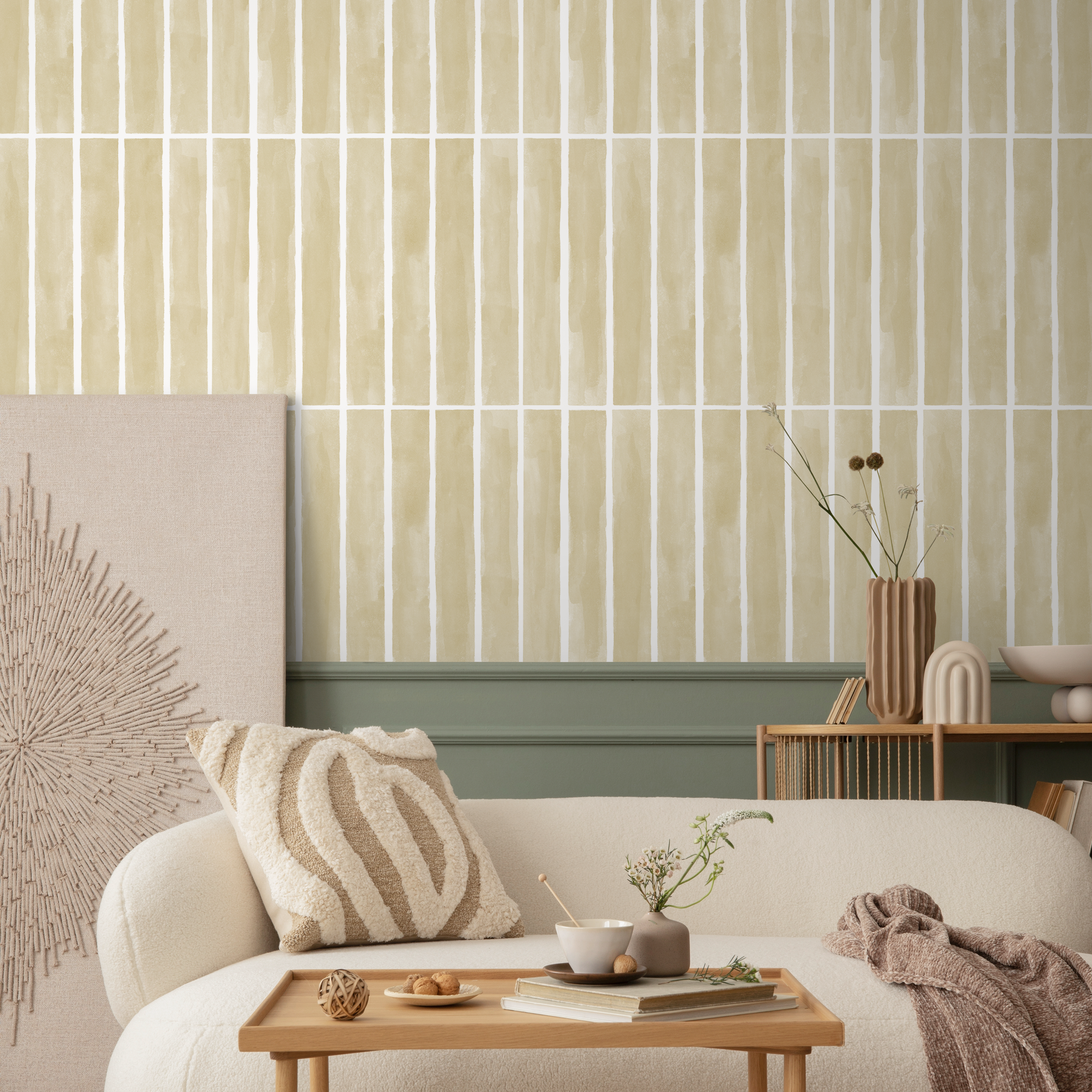 Geometric Wallpaper With A Hand-drawn Tile Motif In Yellow And White - D324