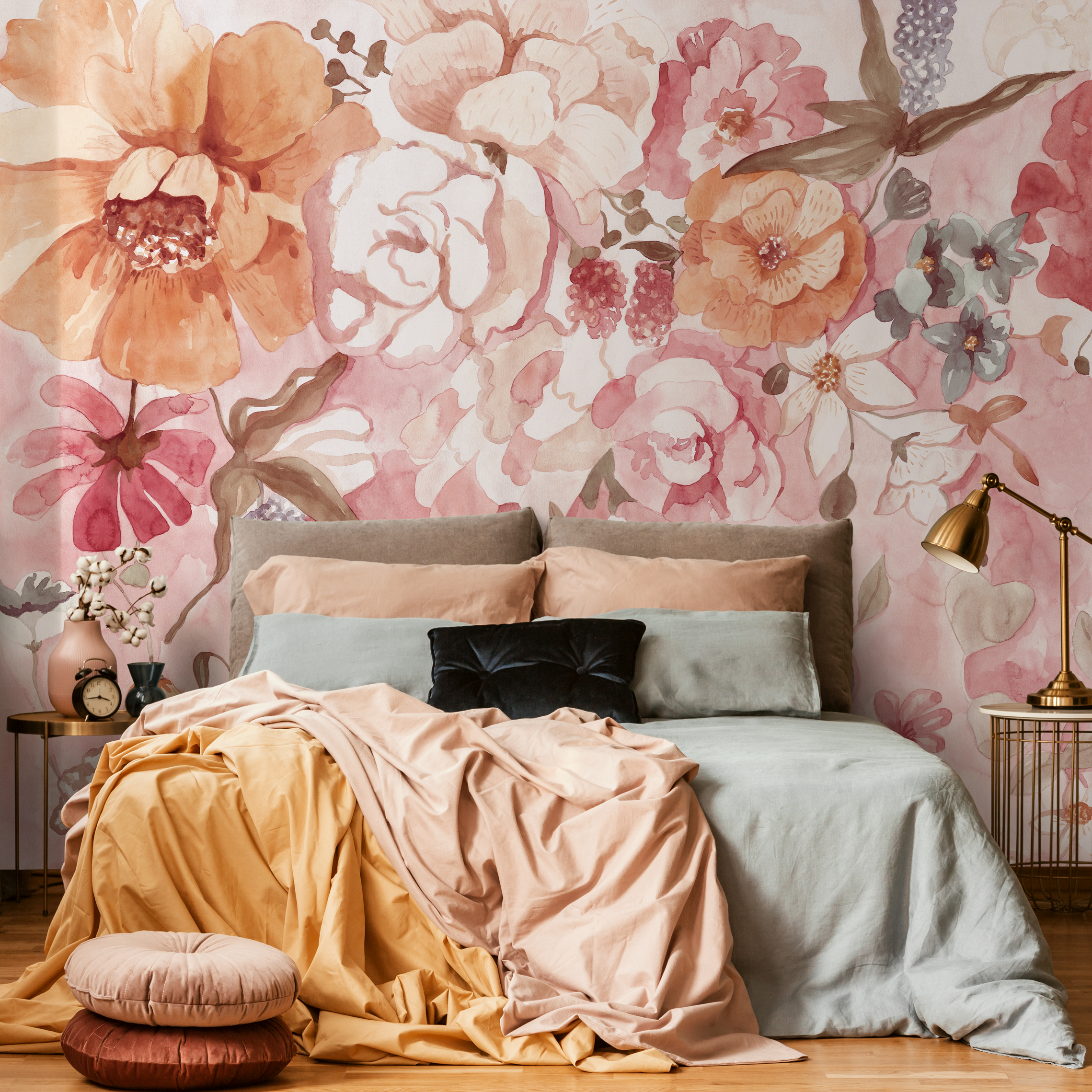 Floral Wallpaper With Watercolor Peonies And Roses In Pink And Orange - D326