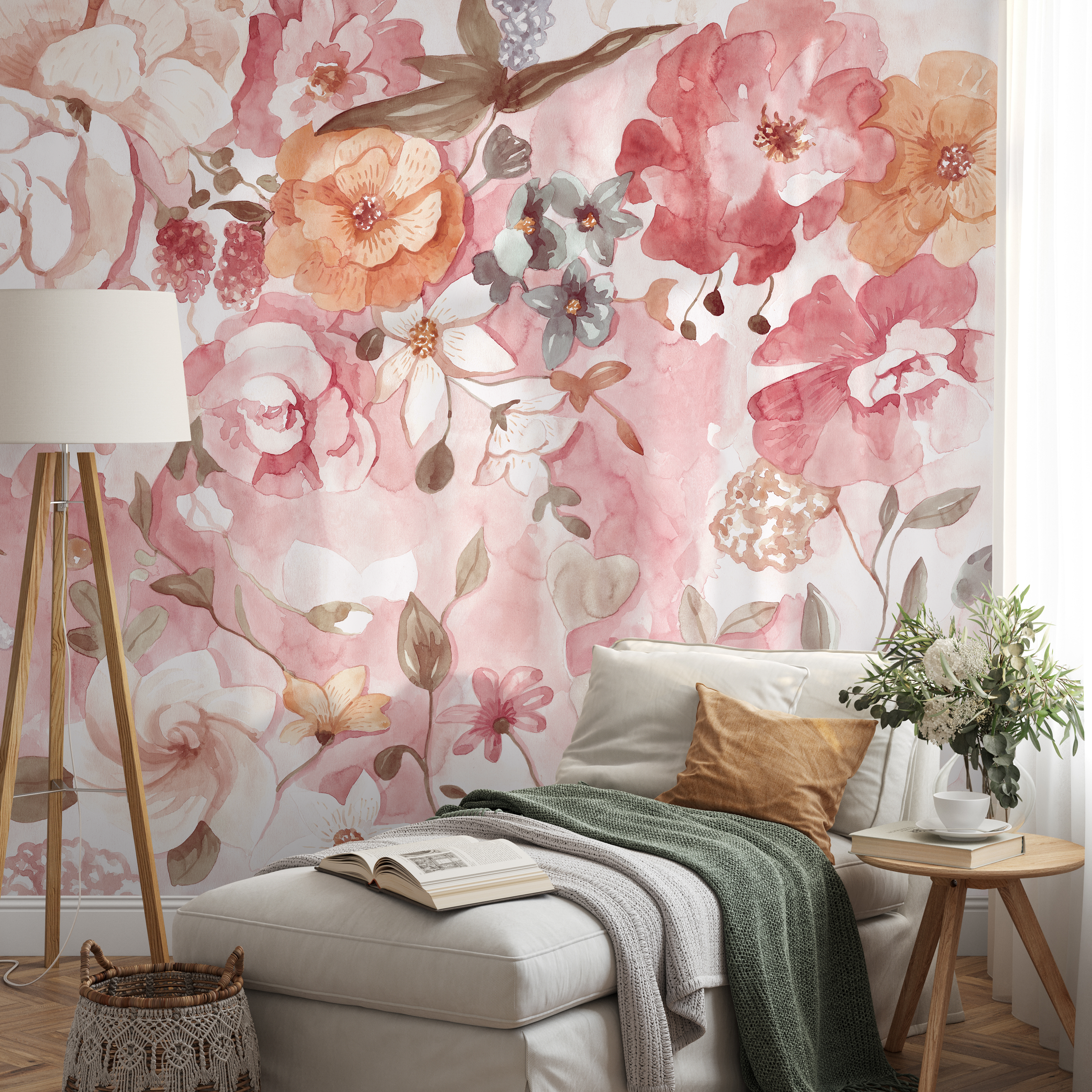 Floral Wallpaper With Watercolor Peonies And Roses In Pink And Orange - D326