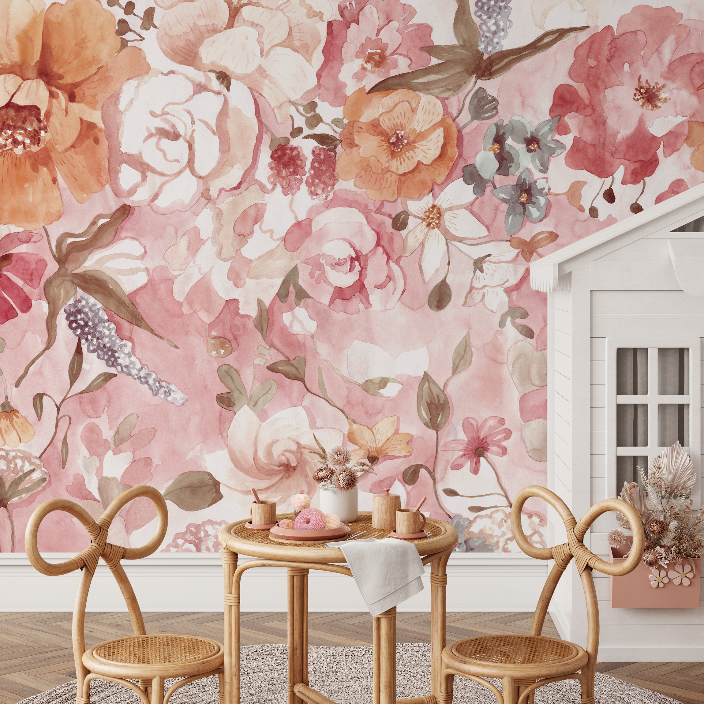 Floral Wallpaper With Watercolor Peonies And Roses In Pink And Orange - D326