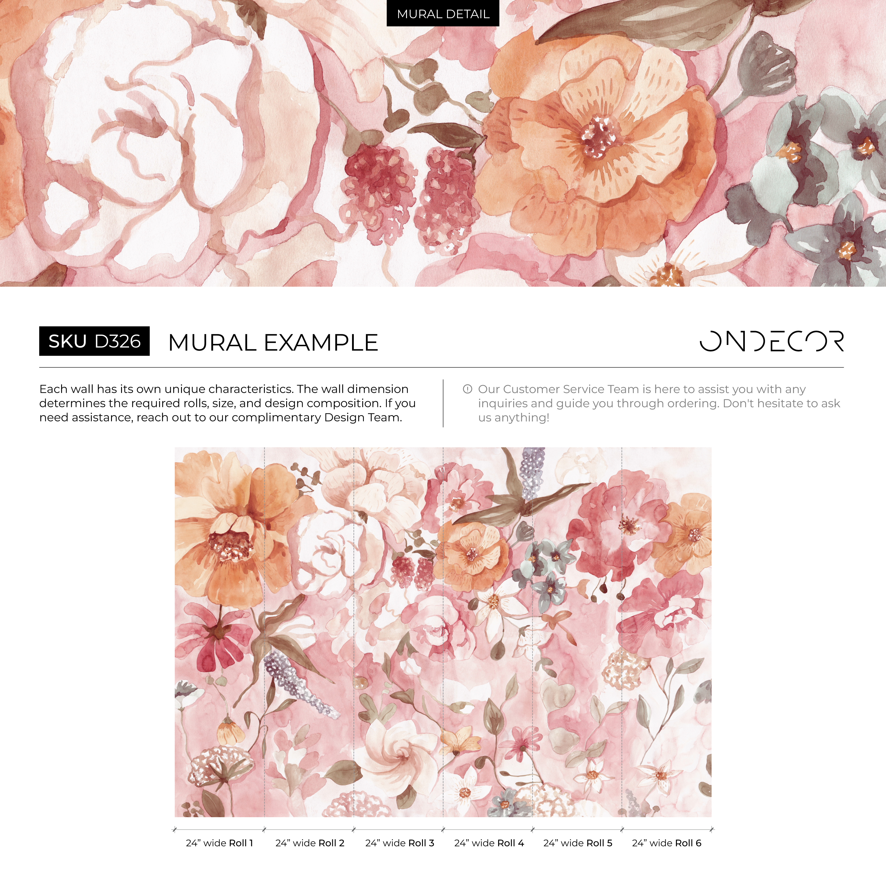 Floral Wallpaper With Watercolor Peonies And Roses In Pink And Orange - D326