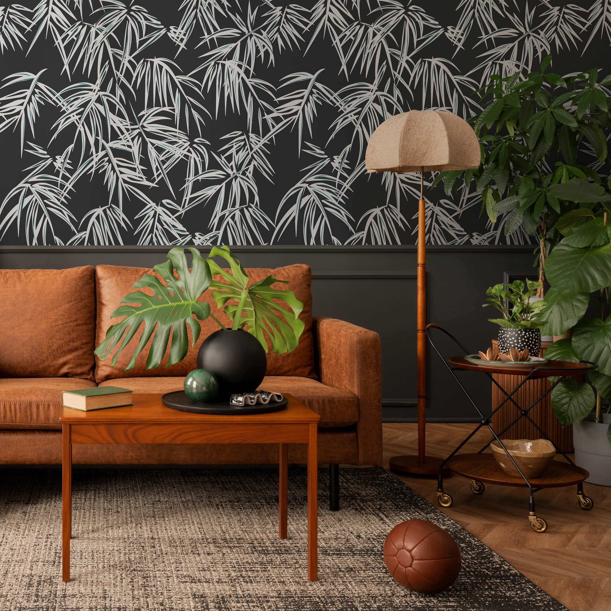 Botanical Wallpaper With A Stylized Palm Leaf Motif In Black And Gray - D336