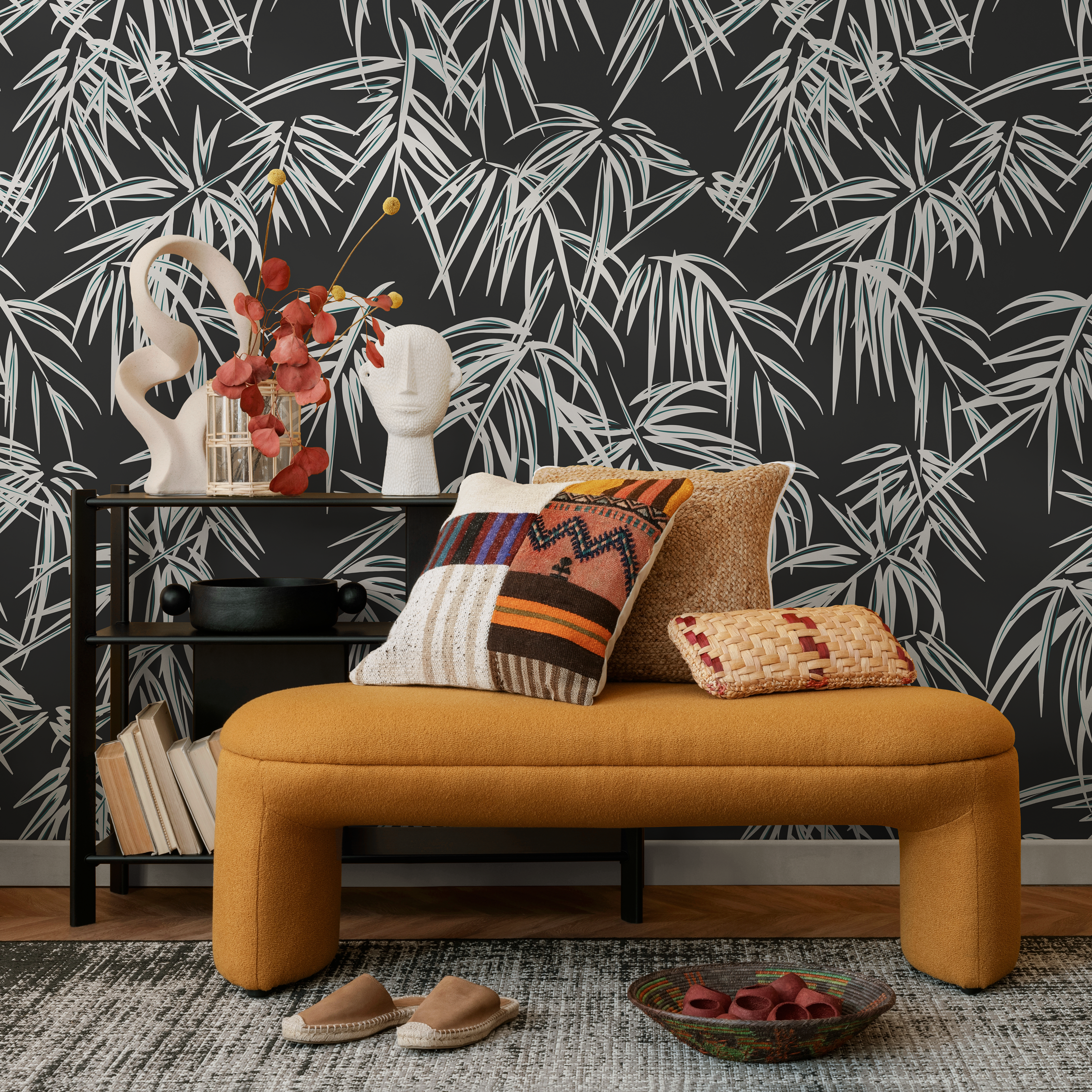 Botanical Wallpaper With A Stylized Palm Leaf Motif In Black And Gray - D336
