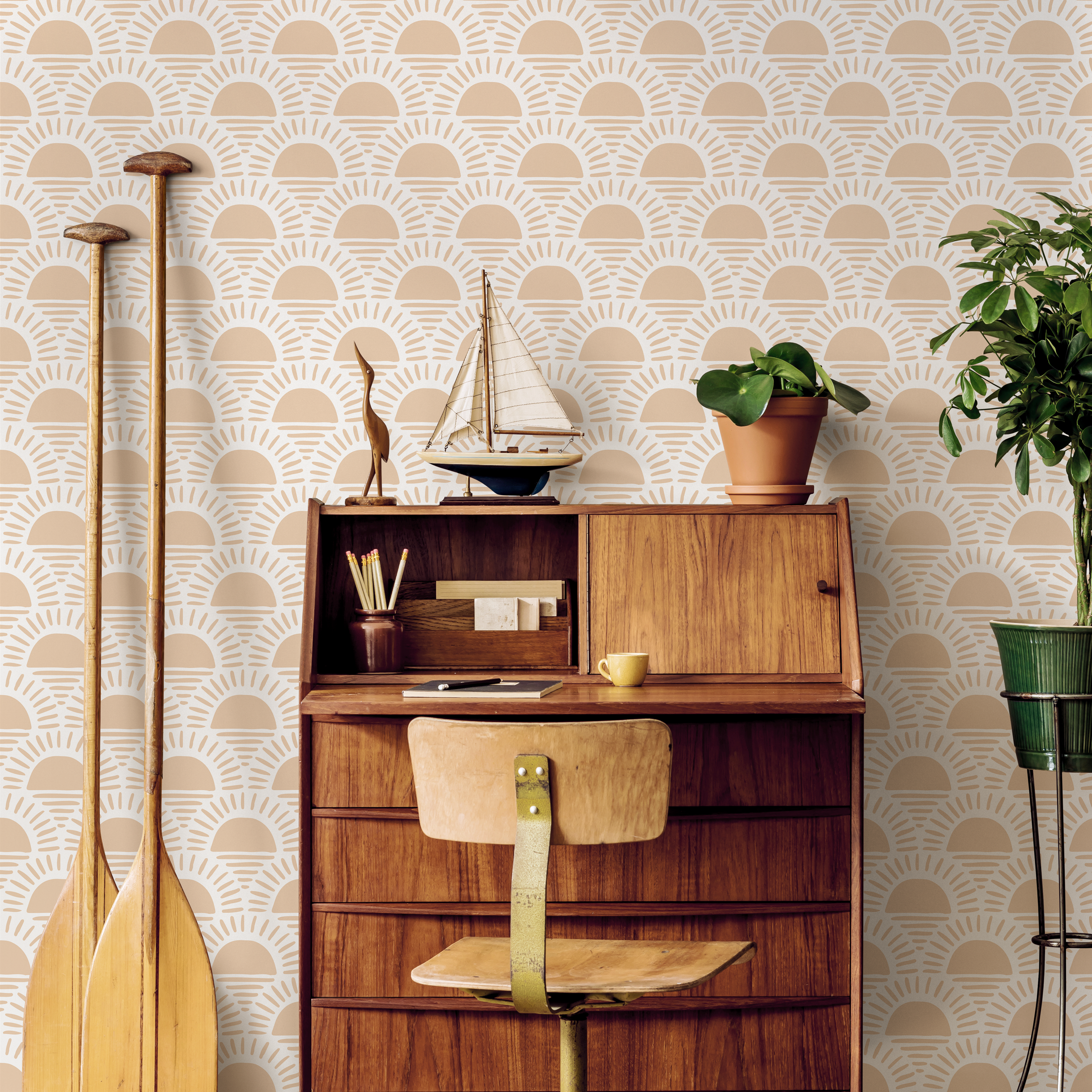 Scallop Wallpaper With A Boho Sunrise Motif In Orange - D348