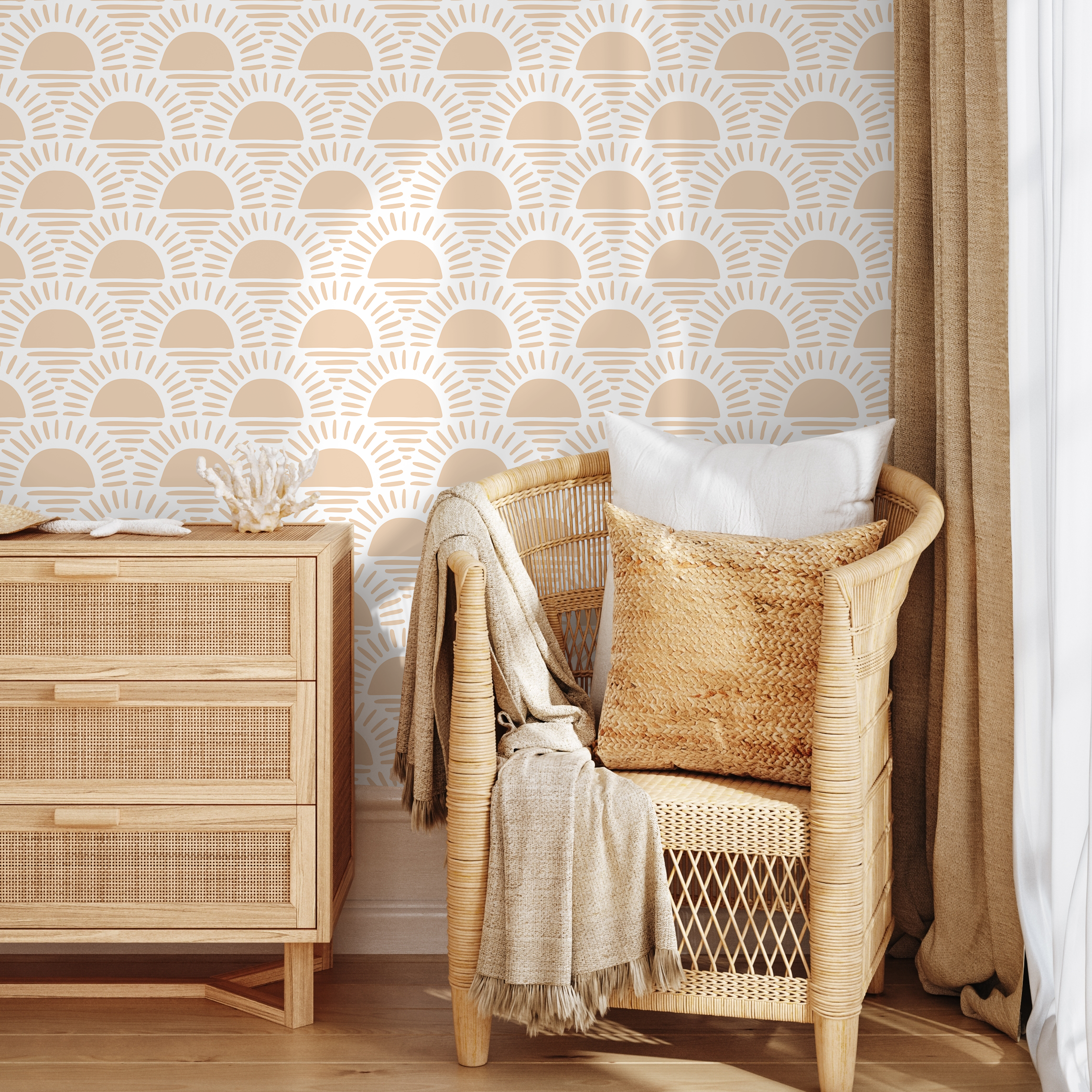 Scallop Wallpaper With A Boho Sunrise Motif In Orange - D348
