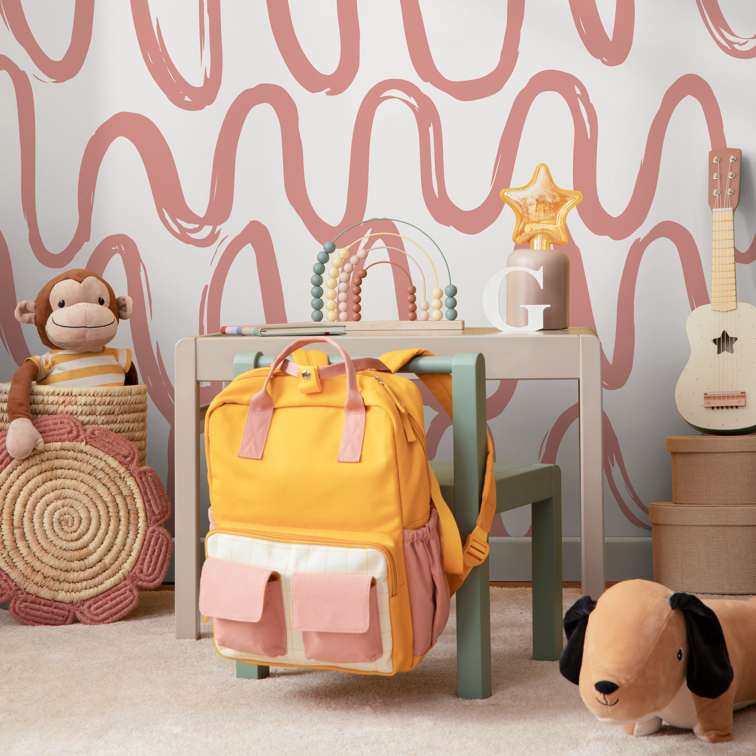 Abstract Wallpaper With Wavy Brushstroke Lines In Pink - D351