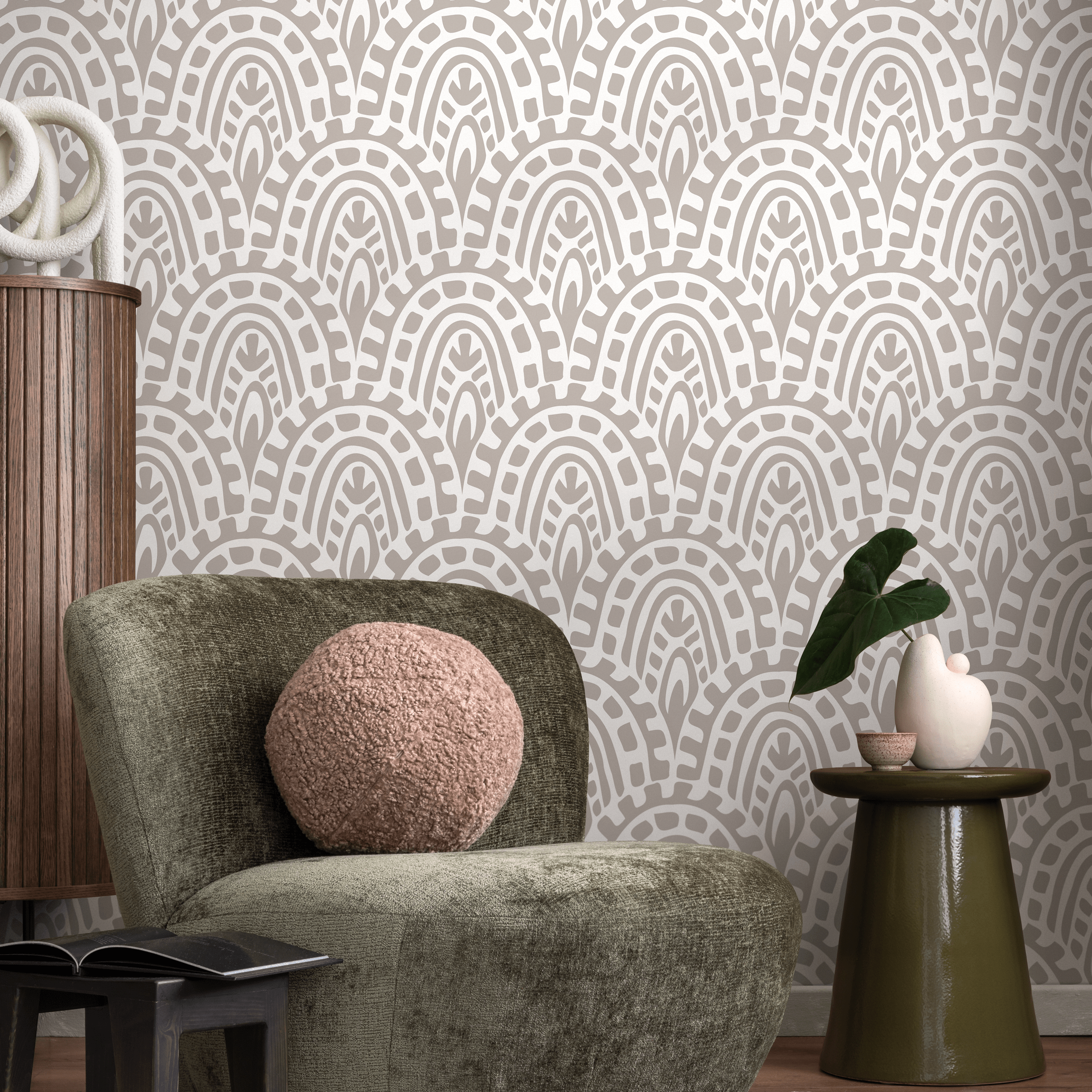 Abstract Wallpaper With A Bohemian Arch Pattern In Taupe And White - D353