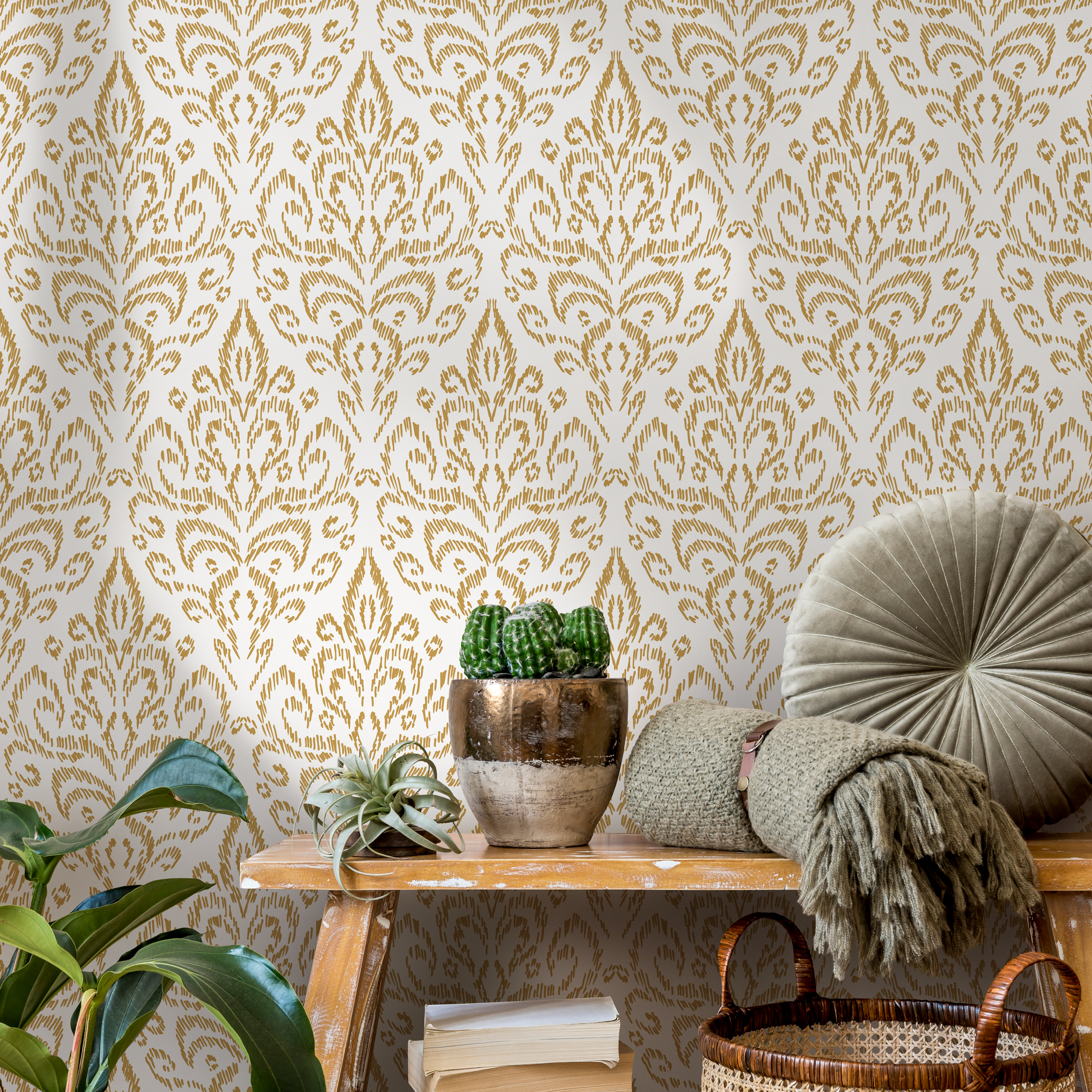 Ikat Wallpaper With A Bohemian Damask Motif In Yellow - D358