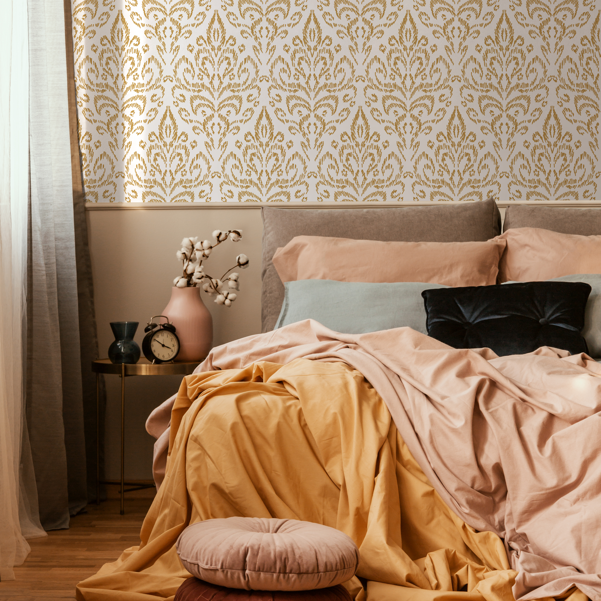 Ikat Wallpaper With A Bohemian Damask Motif In Yellow - D358