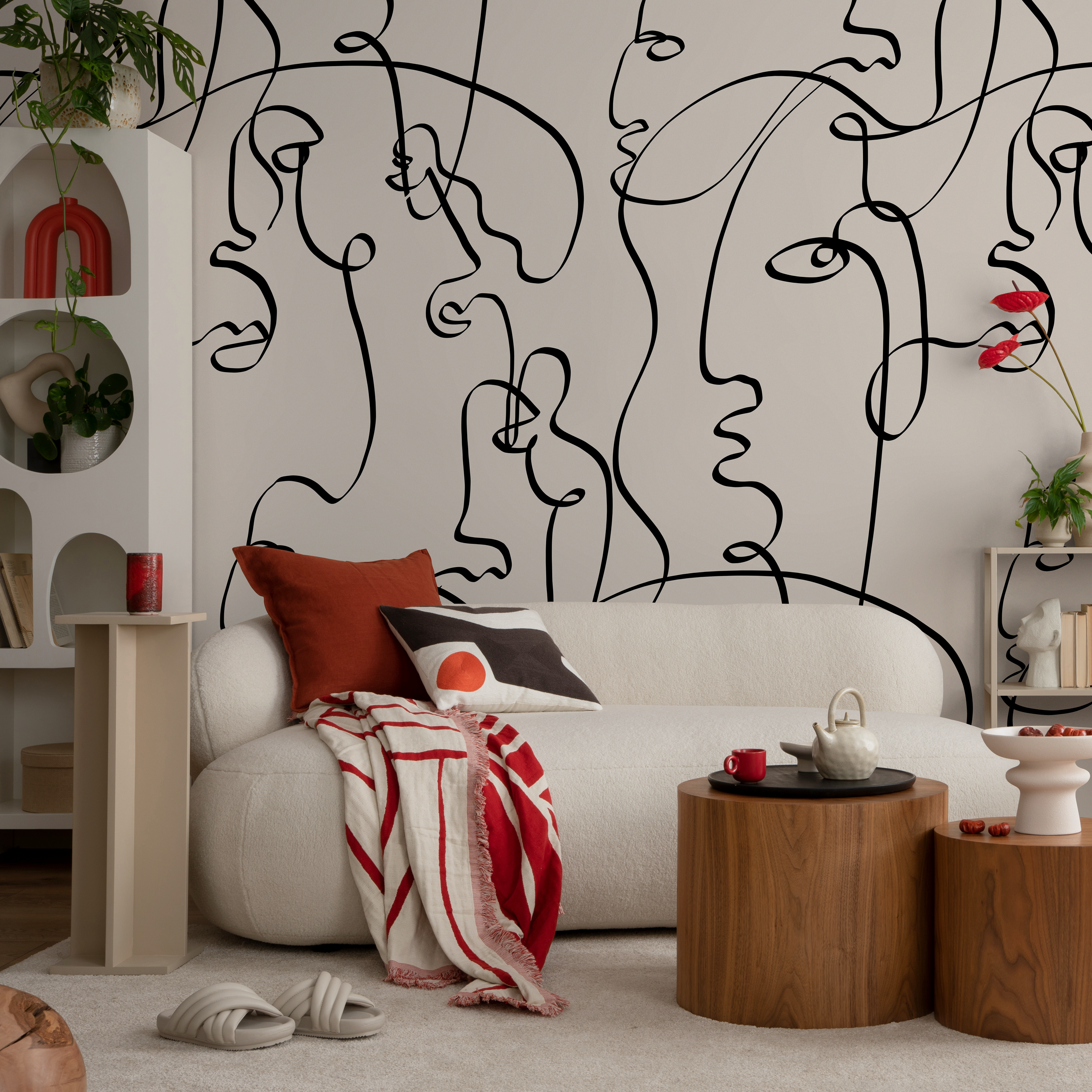 Art Line Wallpaper With An Abstract Face Motif In Black And Beige - D362