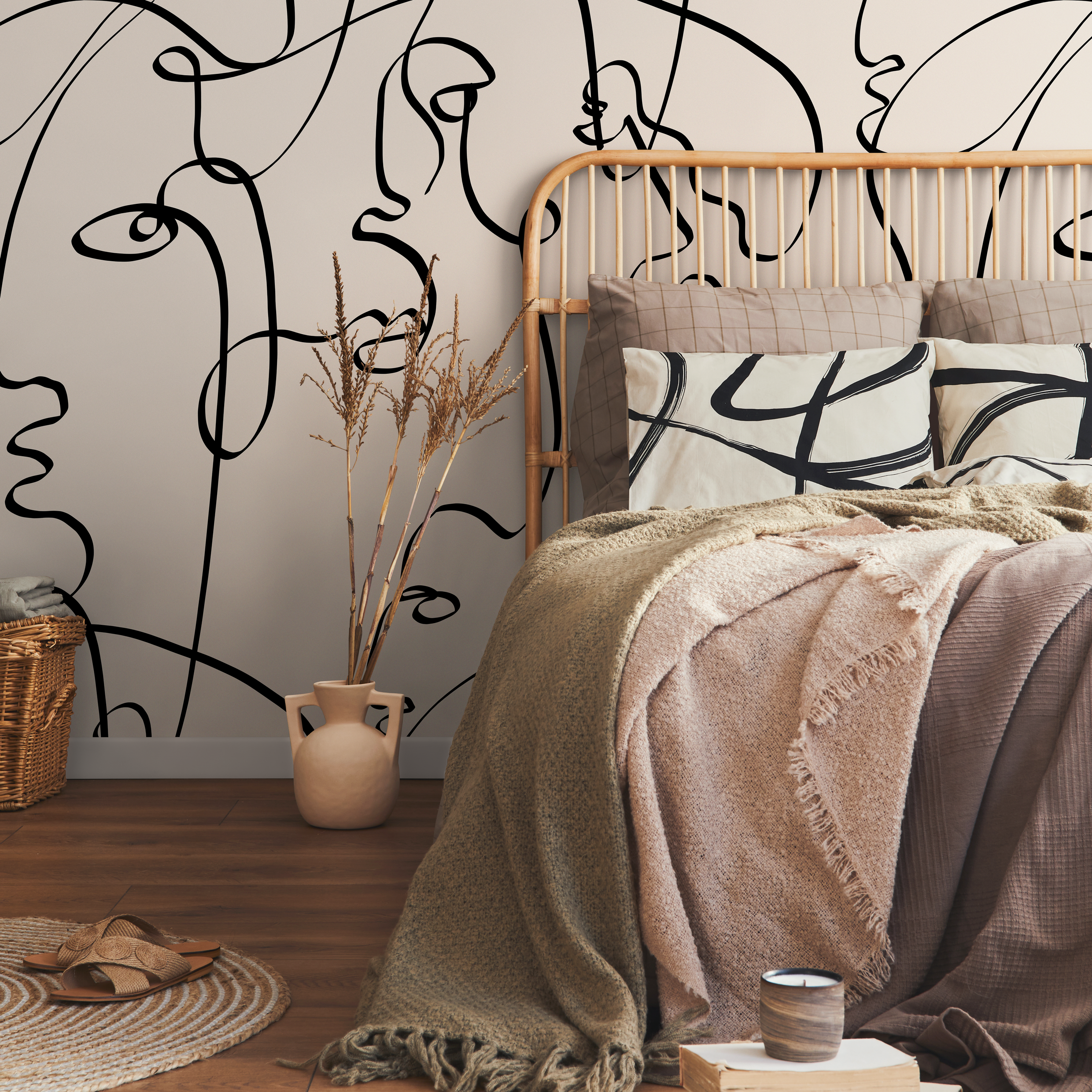 Art Line Wallpaper With An Abstract Face Motif In Black And Beige - D362