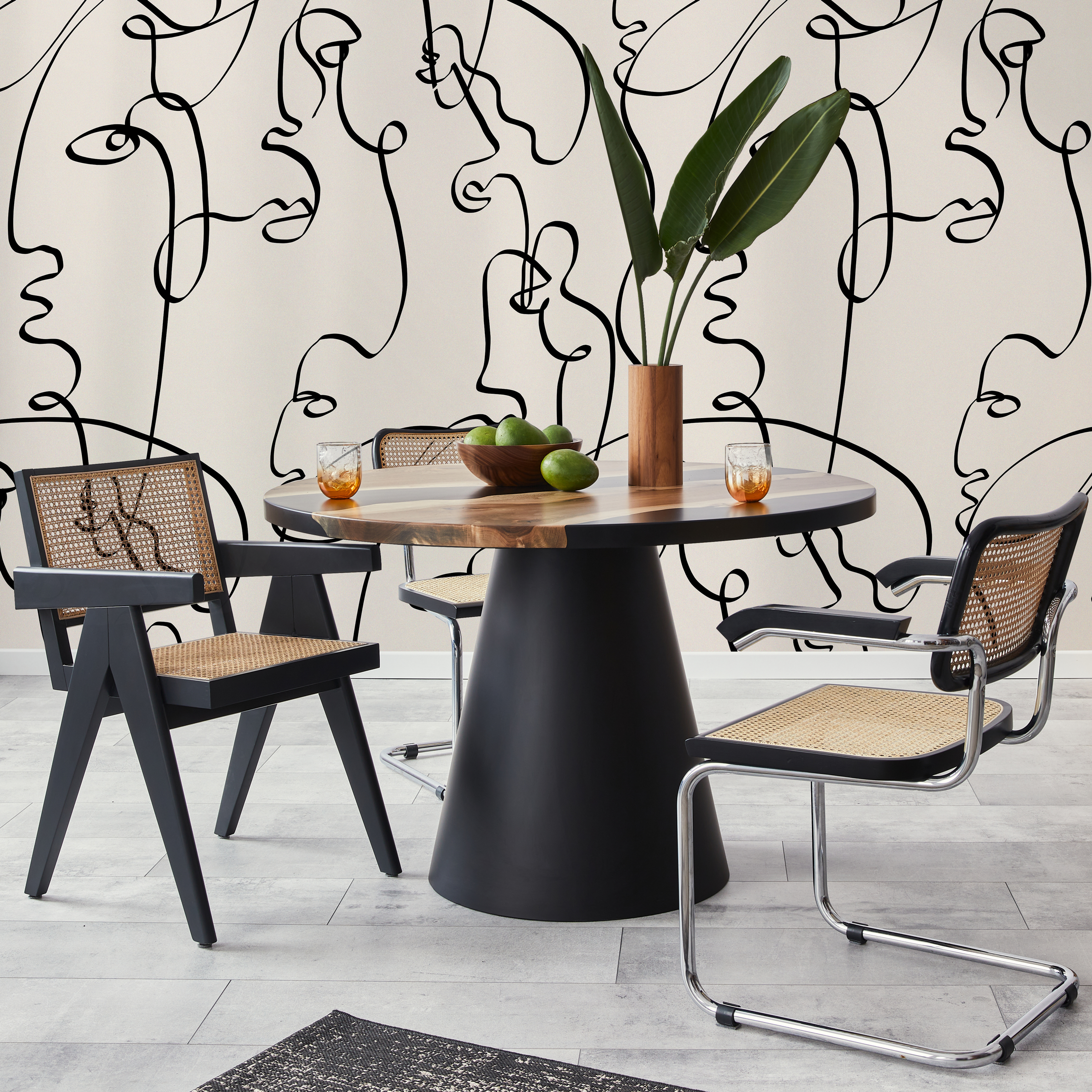 Art Line Wallpaper With An Abstract Face Motif In Black And Beige - D362