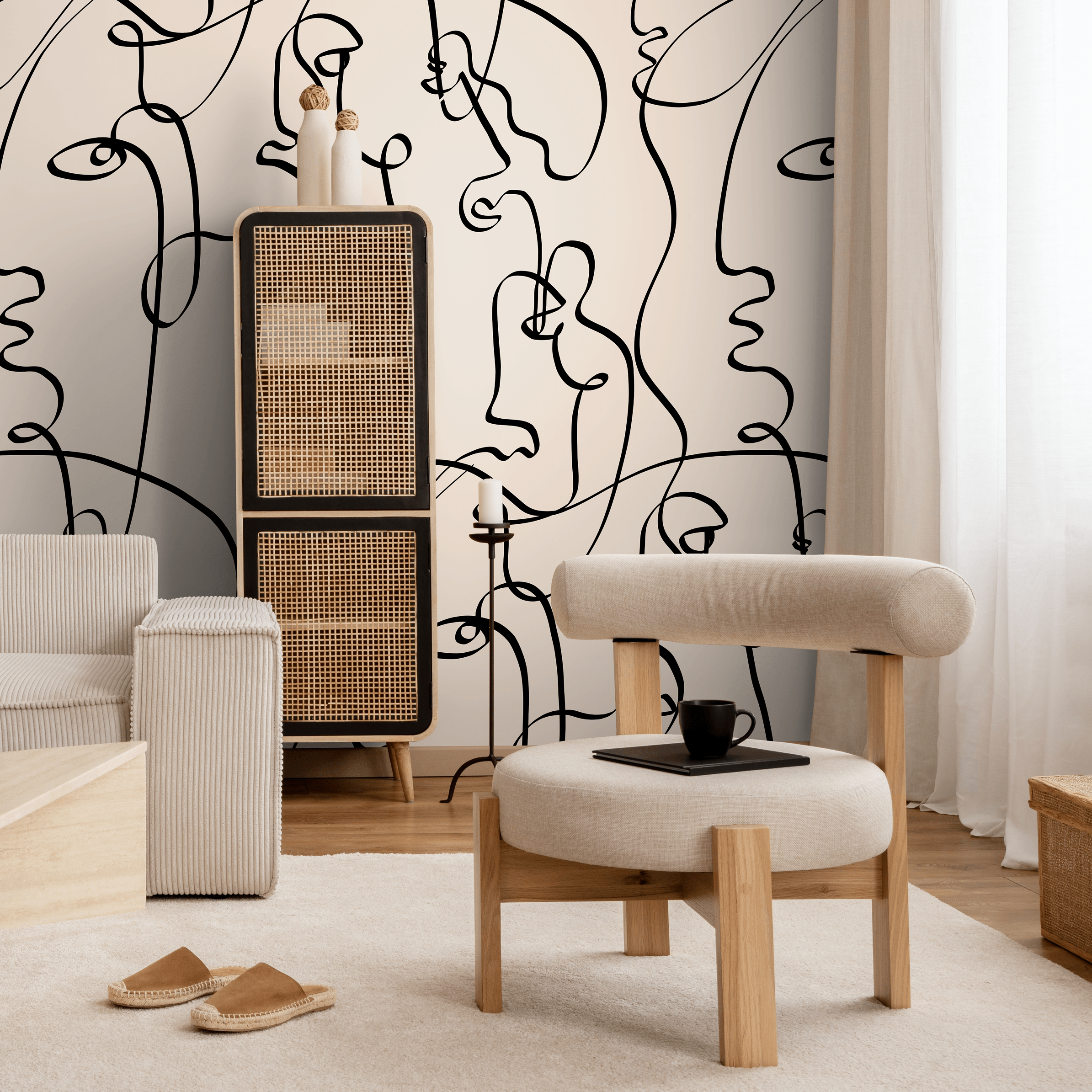 Art Line Wallpaper With An Abstract Face Motif In Black And Beige - D362