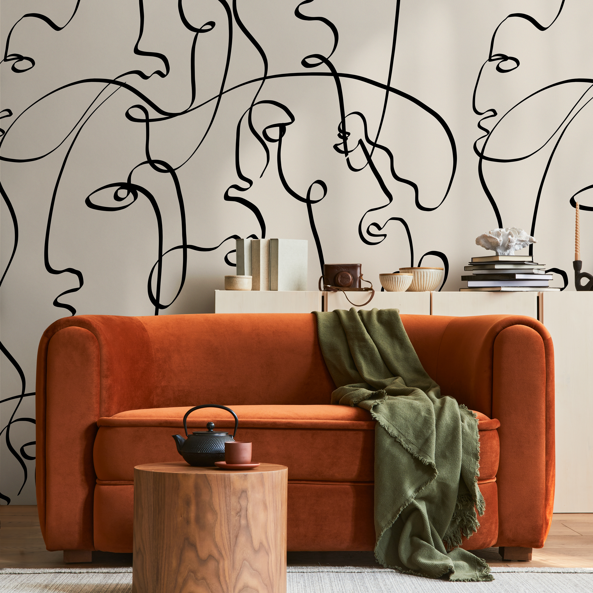 Art Line Wallpaper With An Abstract Face Motif In Black And Beige - D362