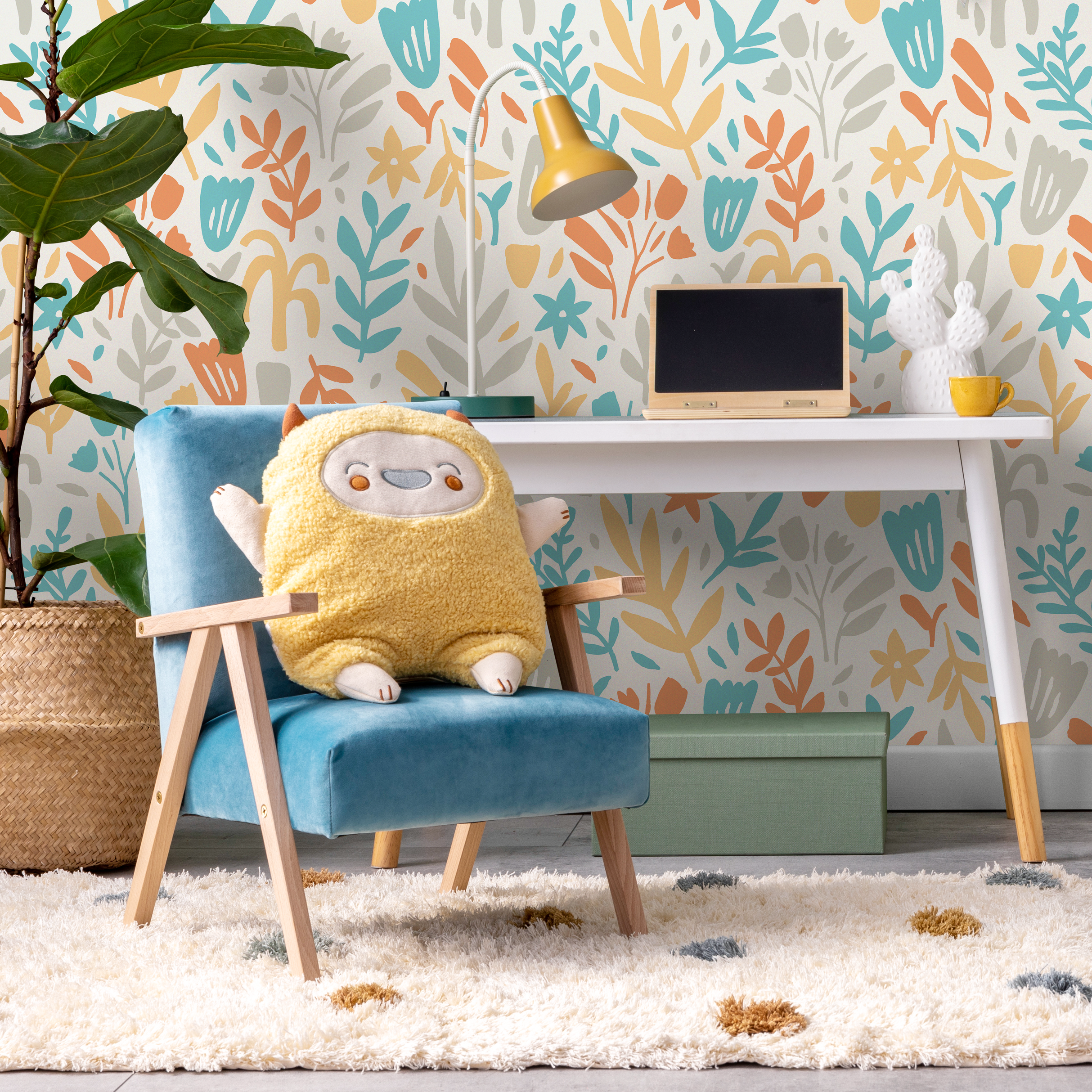 Floral Wallpaper With Stylized Flowers In Teal, Orange, And Yellow - D369