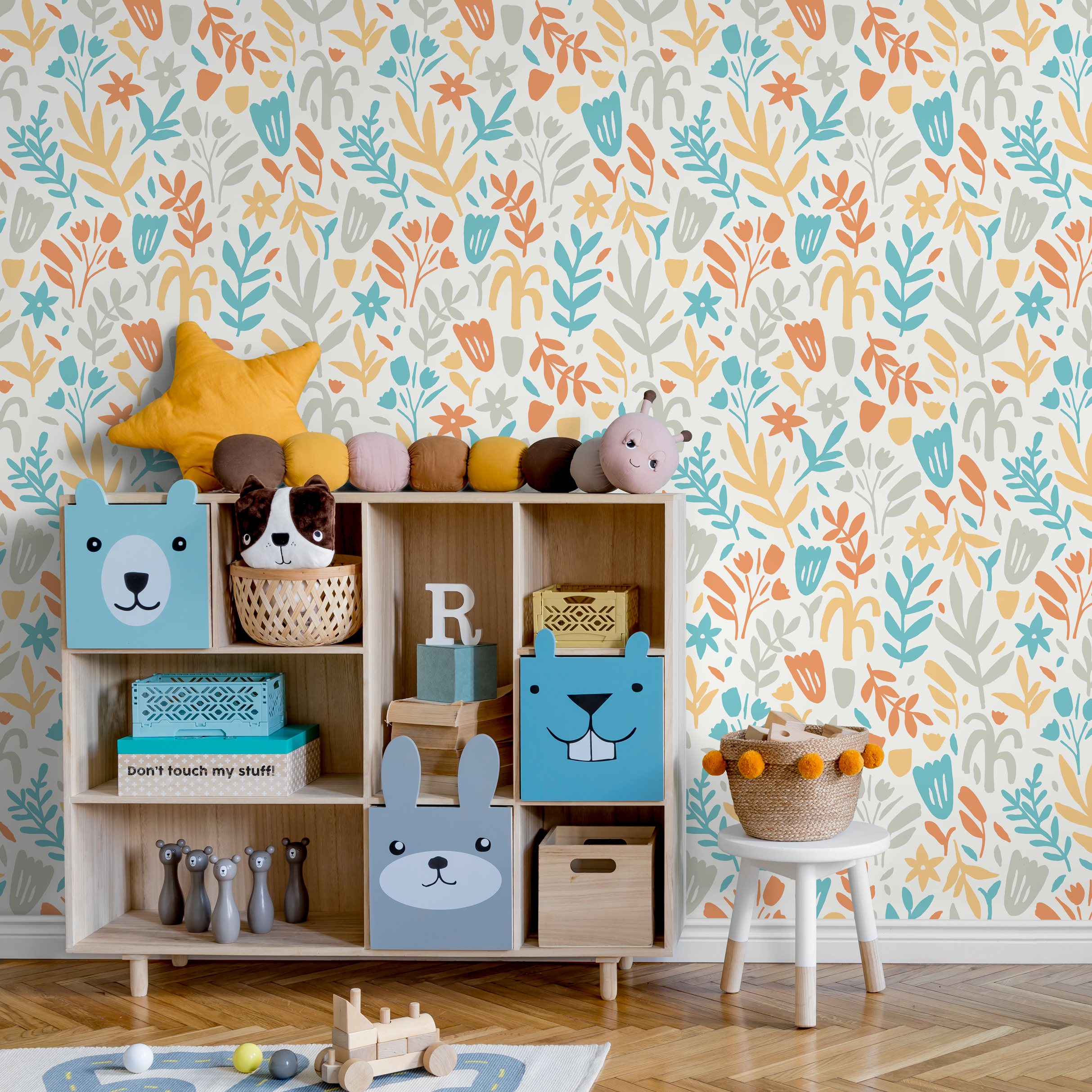 Floral Wallpaper With Stylized Flowers In Teal, Orange, And Yellow - D369