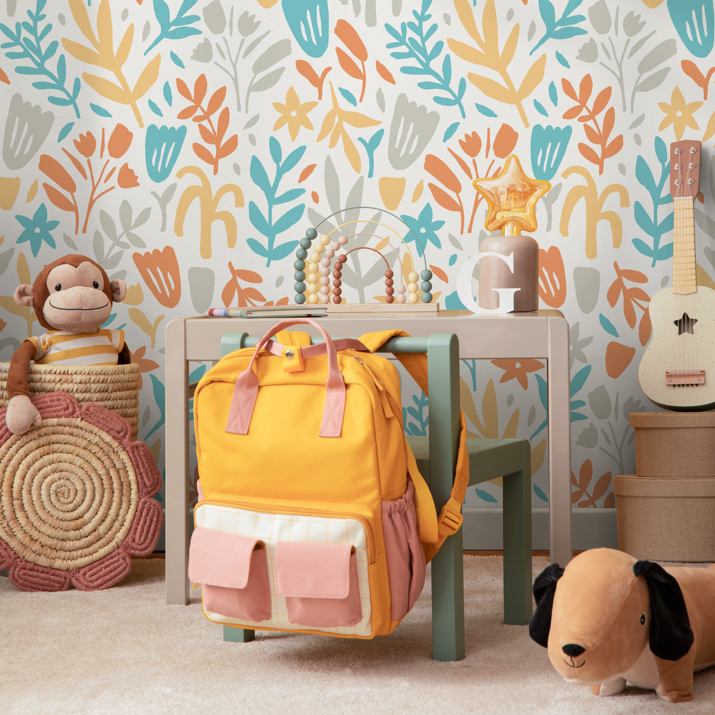 Floral Wallpaper With Stylized Flowers In Teal, Orange, And Yellow - D369