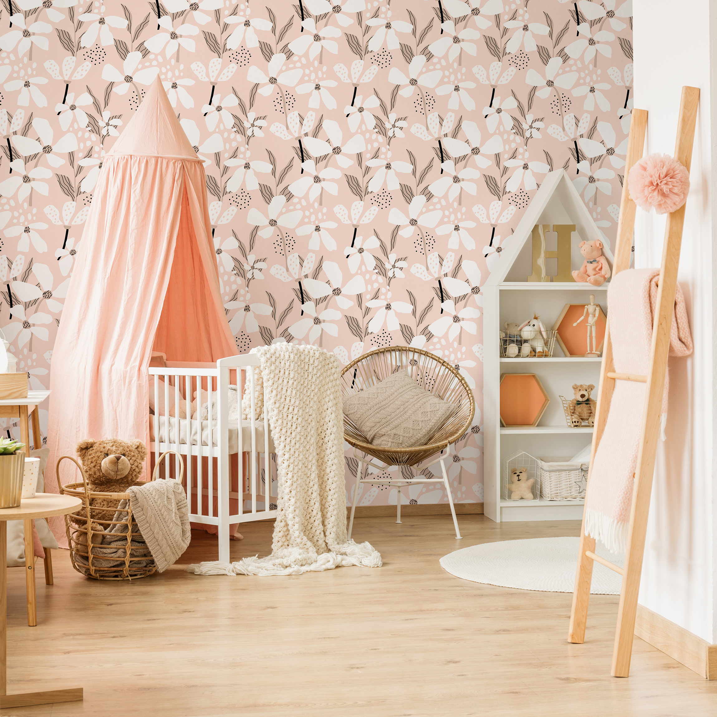 Abstract Floral Wallpaper With Stylized Blooms In Pink And Black - D374